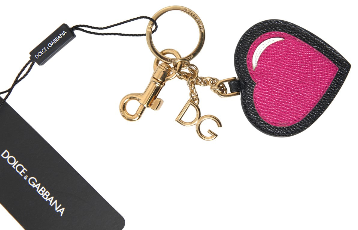 Dolce & Gabbana Black Fuchsia Heart Leather Gold Metal Keyring Keychain Dolce & Gabbana