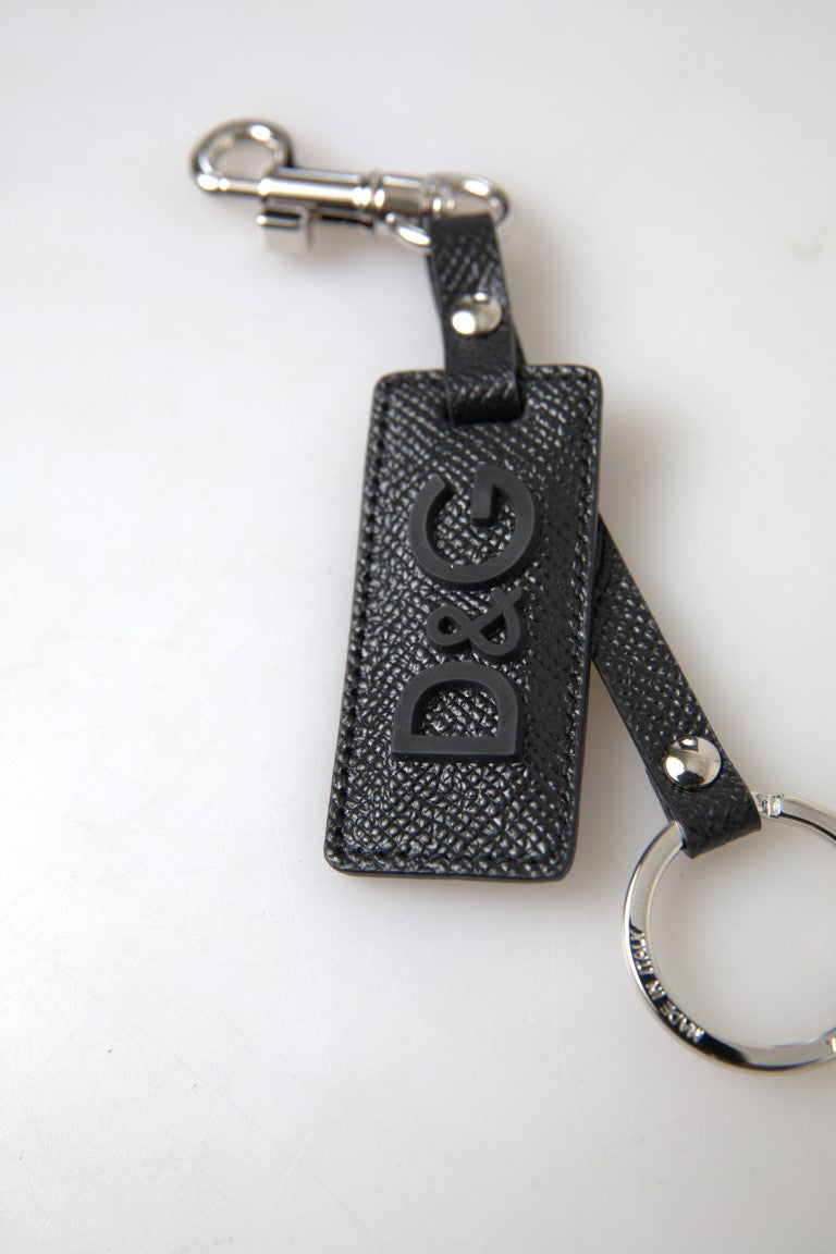 Dolce & Gabbana Black DG Logo Leather Silver Metal Keychain Dolce & Gabbana
