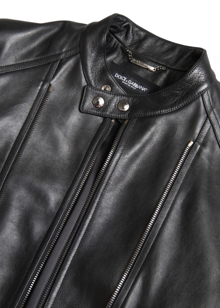Dolce & Gabbana Black Leather Zipper Coat Men Jacket Dolce & Gabbana