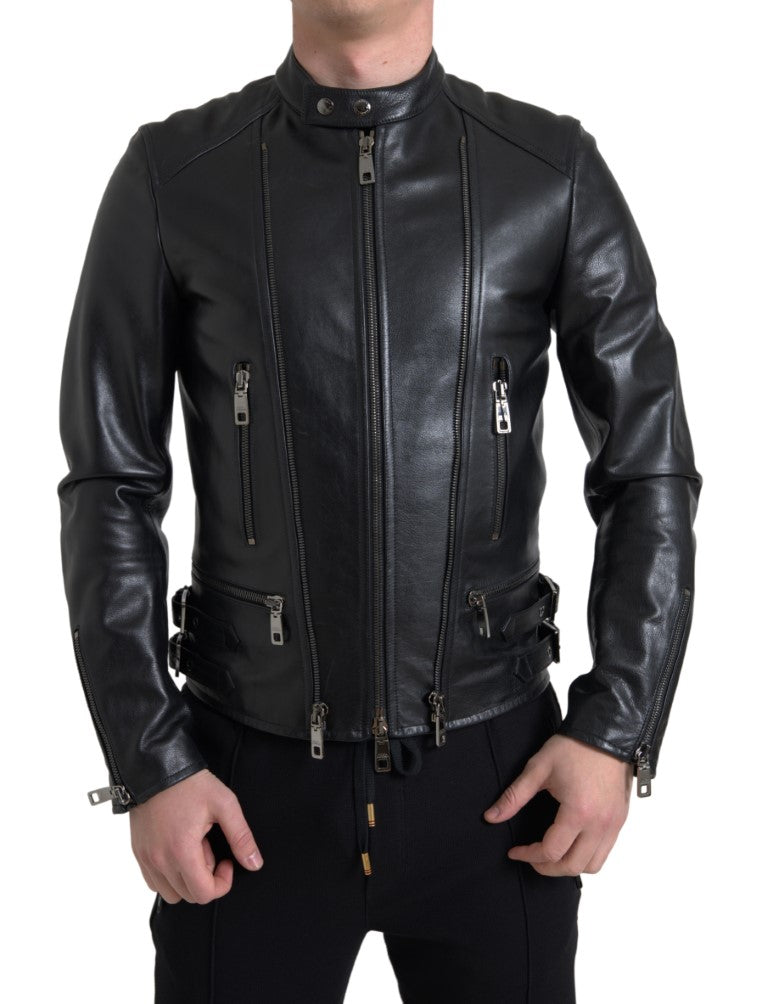 Dolce & Gabbana Black Leather Zipper Coat Men Jacket Dolce & Gabbana
