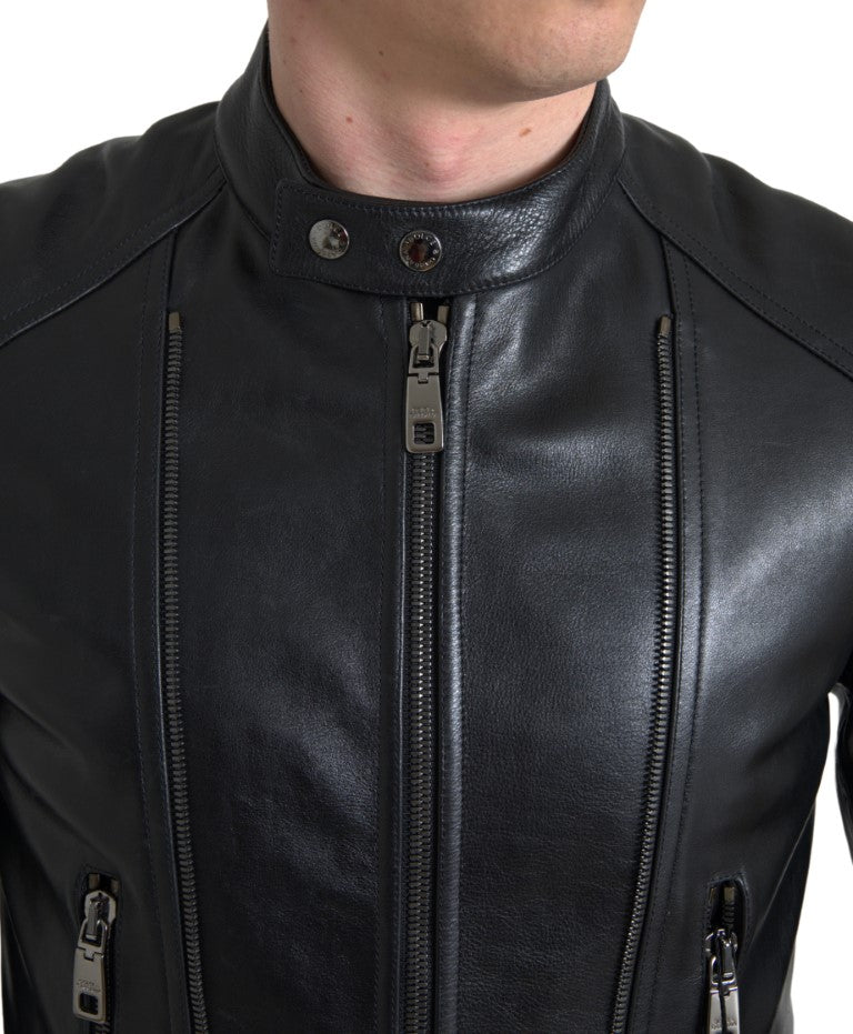 Dolce & Gabbana Black Leather Zipper Coat Men Jacket Dolce & Gabbana