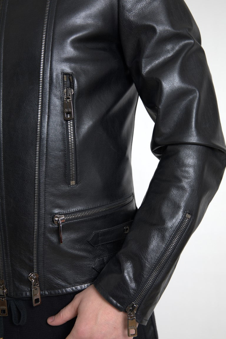 Dolce & Gabbana Black Leather Zipper Coat Men Jacket Dolce & Gabbana