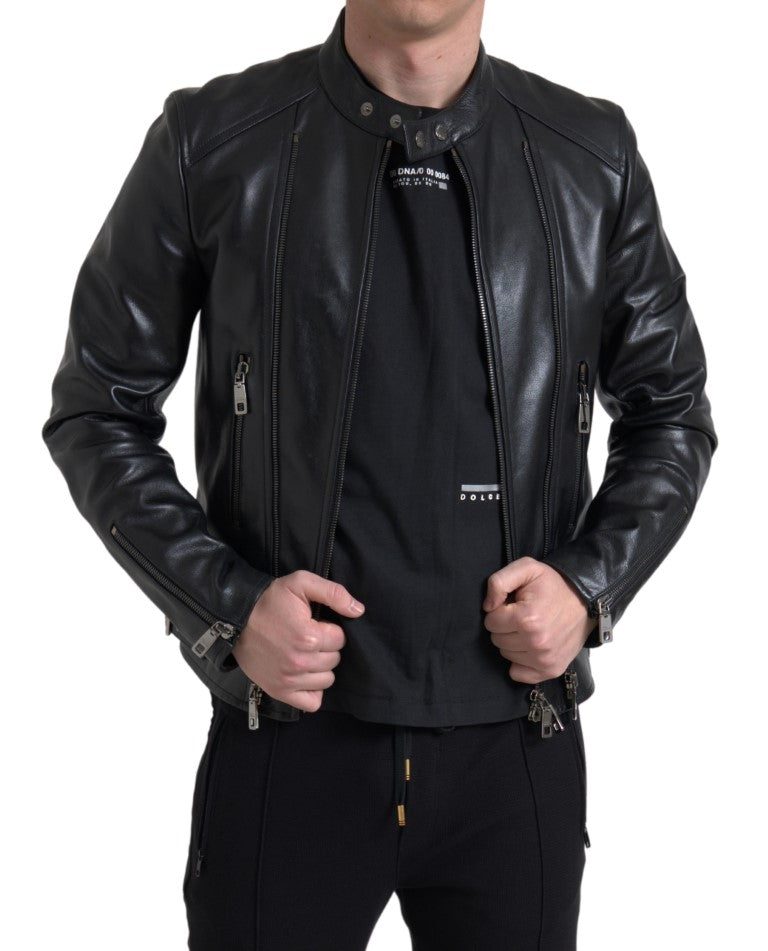 Dolce & Gabbana Black Leather Zipper Coat Men Jacket Dolce & Gabbana