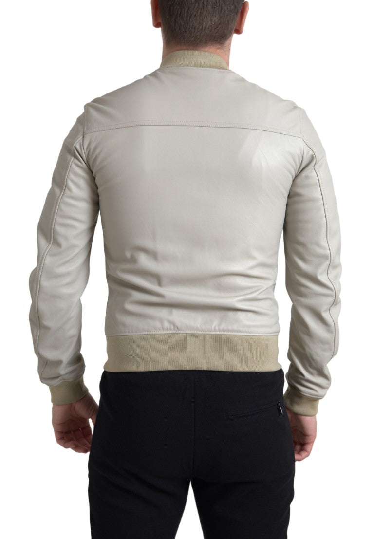 Dolce & Gabbana Cream Leather Bomber Blouson Full Zip Jacket Dolce & Gabbana