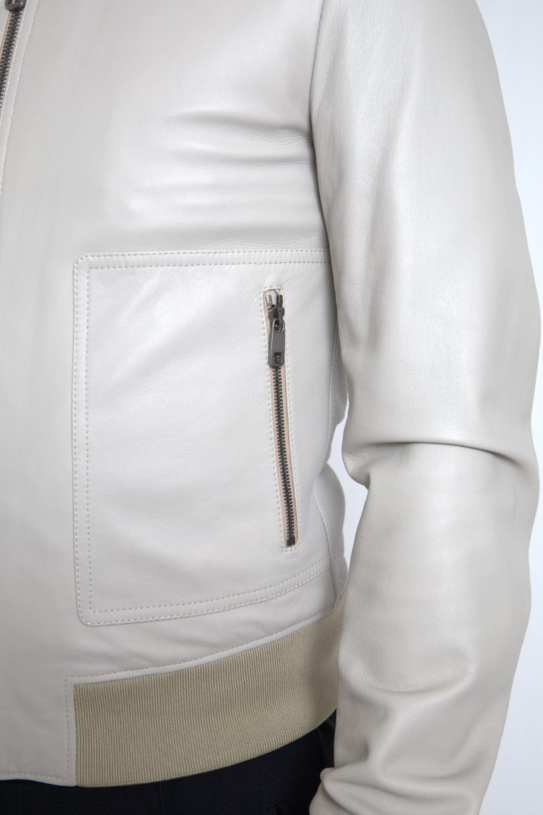 Dolce & Gabbana Cream Leather Bomber Blouson Full Zip Jacket Dolce & Gabbana