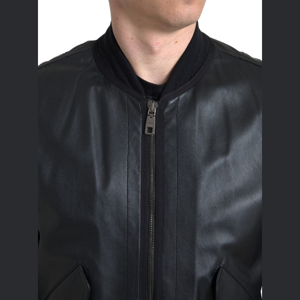 Dolce & Gabbana Black Leather Blouson Full Zip Bomber Jacket