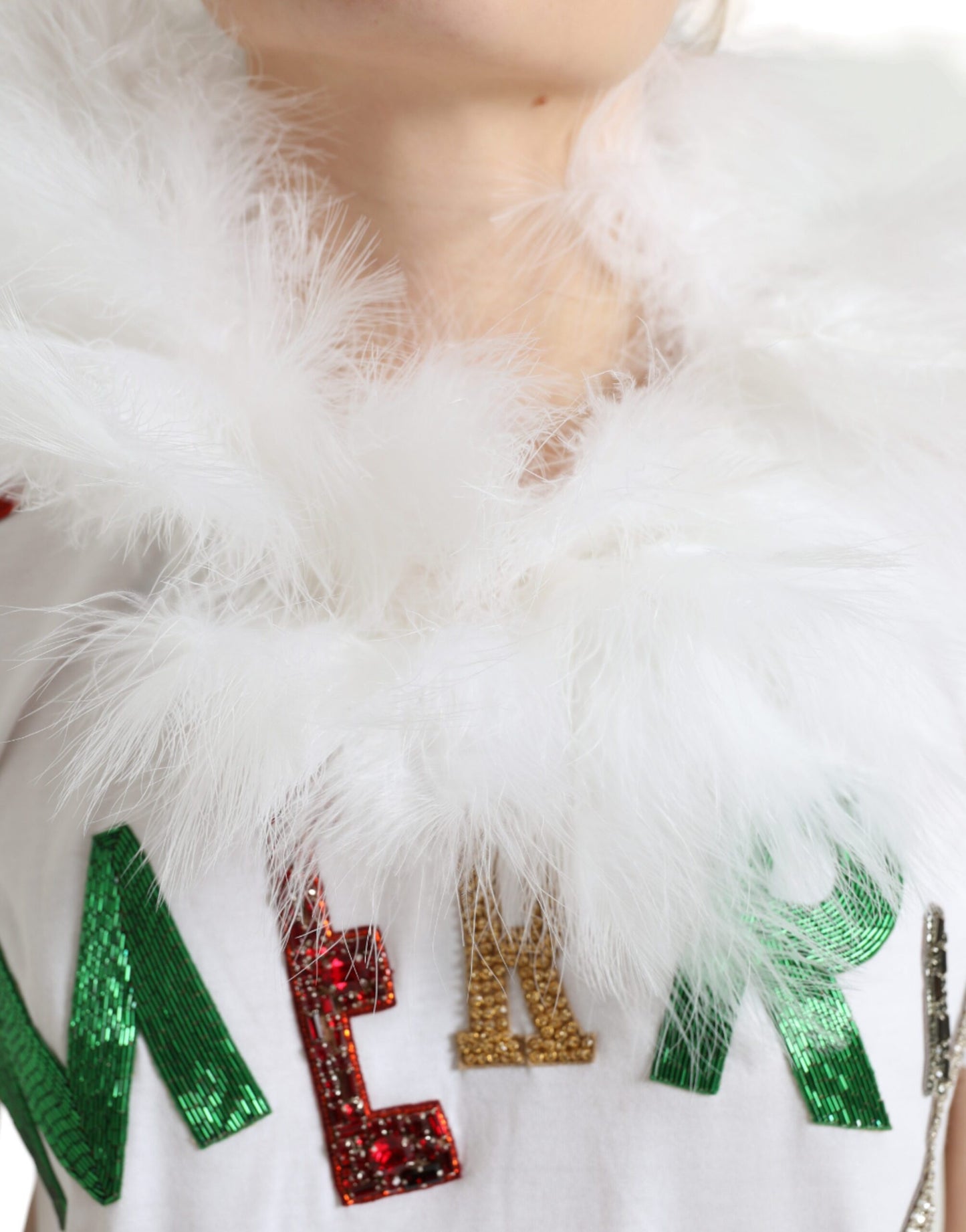 Dolce & Gabbana White Cotton Christmas Sequin Fur T-shirt Dolce & Gabbana