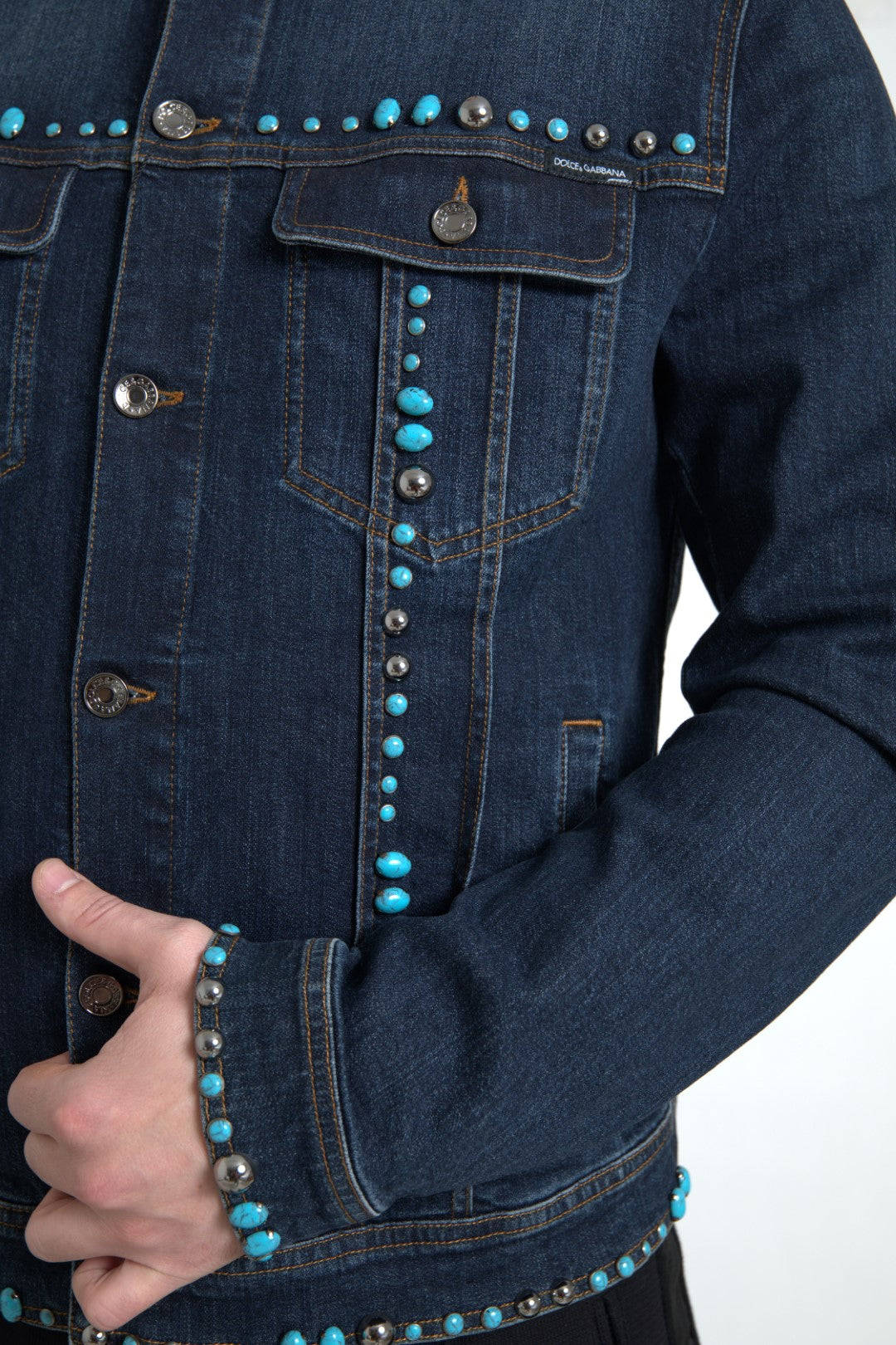 Dolce & Gabbana Blue Denim Turquoise Stones Studded Jacket Dolce & Gabbana