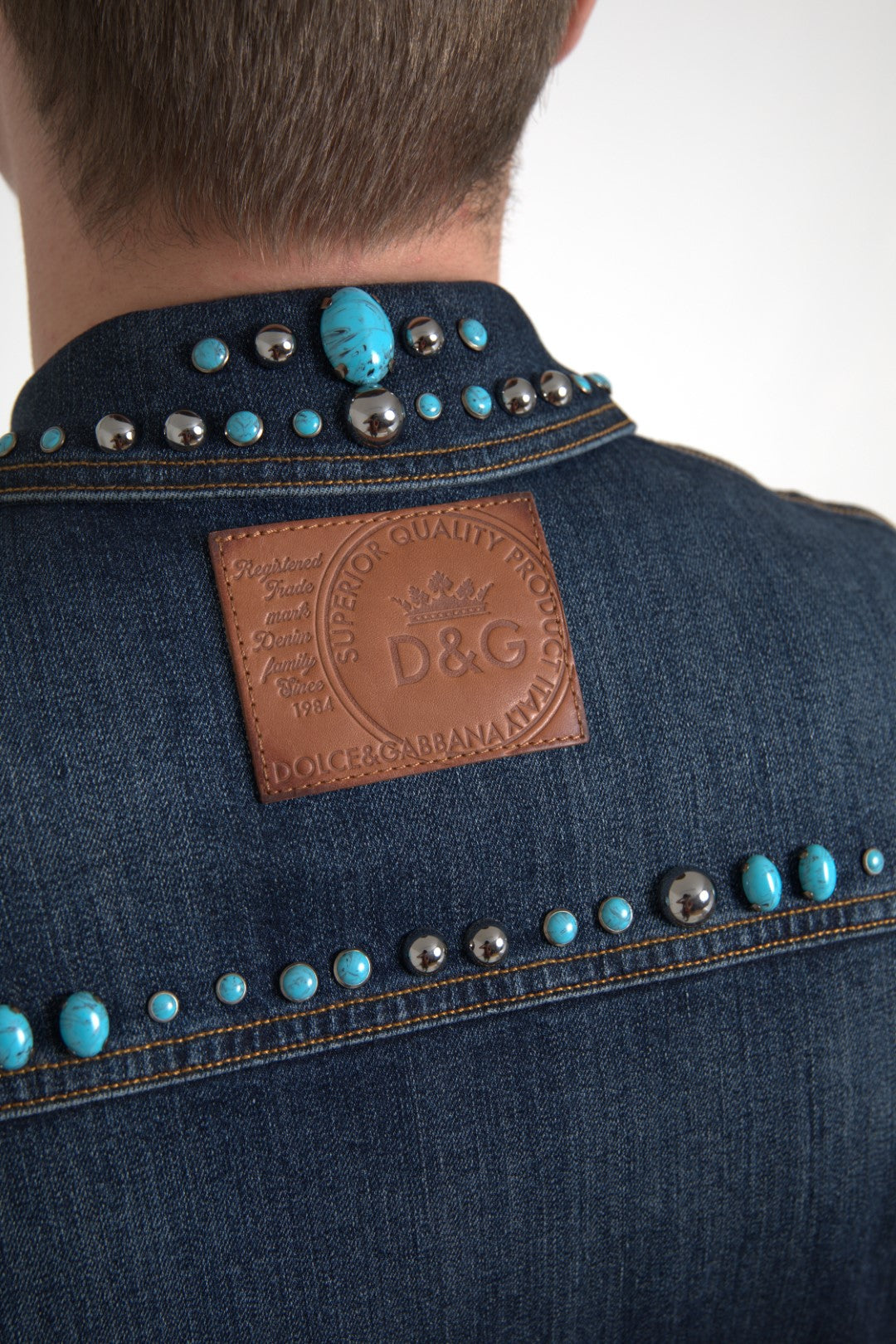 Dolce & Gabbana Blue Denim Turquoise Stones Studded Jacket Dolce & Gabbana