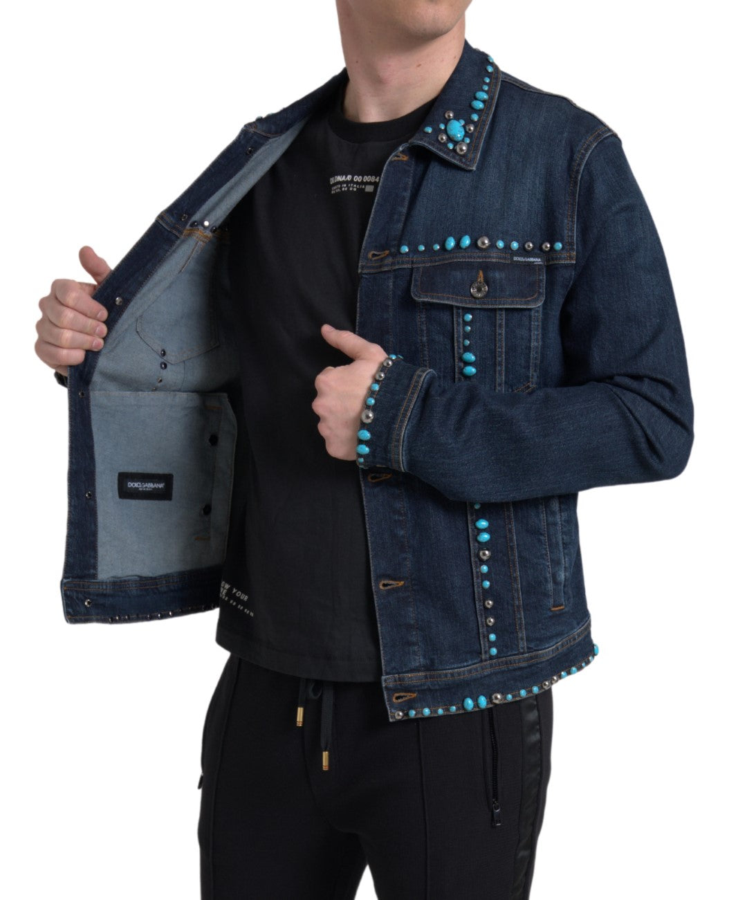 Dolce & Gabbana Blue Denim Turquoise Stones Studded Jacket Dolce & Gabbana