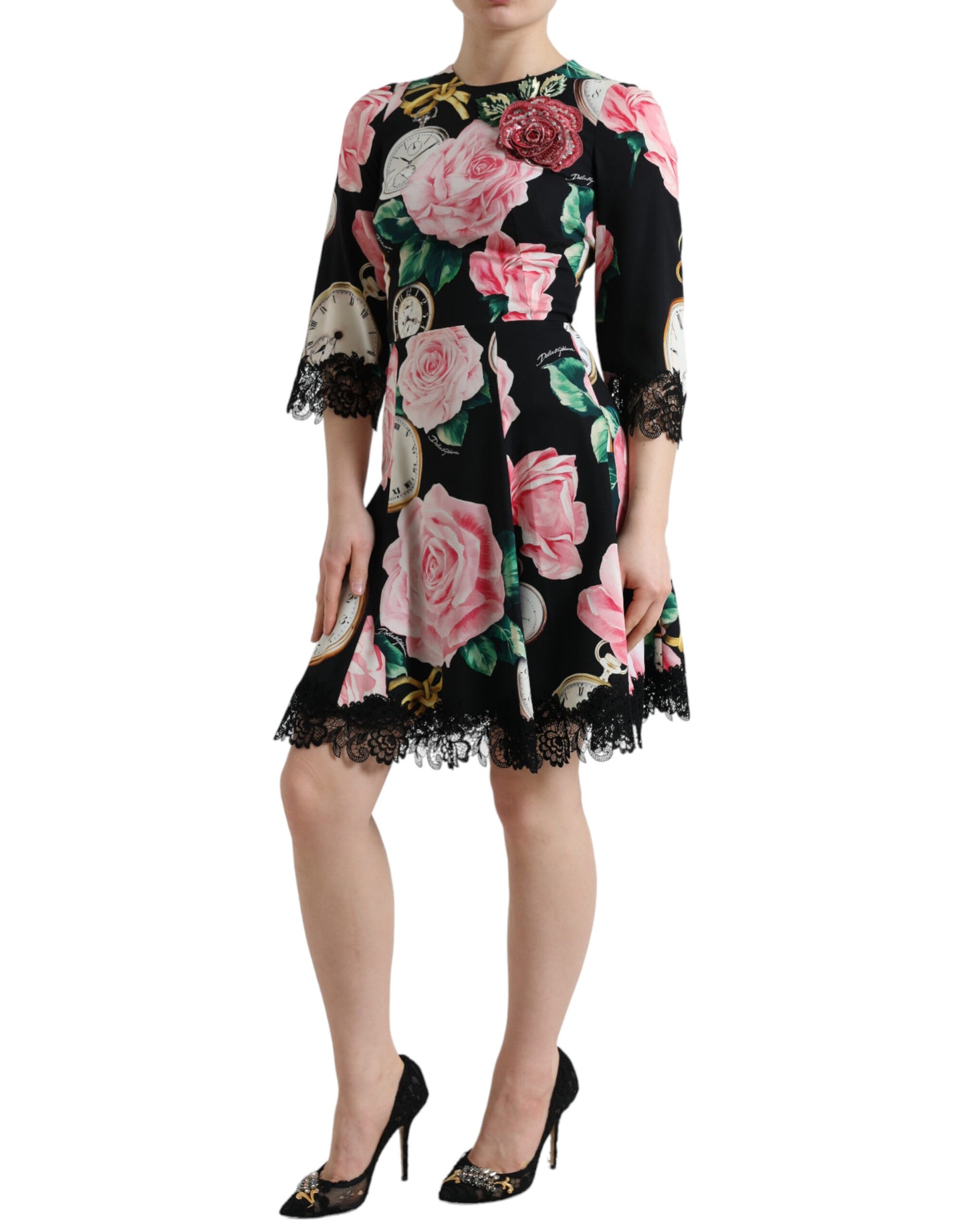 Dolce & Gabbana Black Floral Embellished Lace A-line Dress Dolce & Gabbana