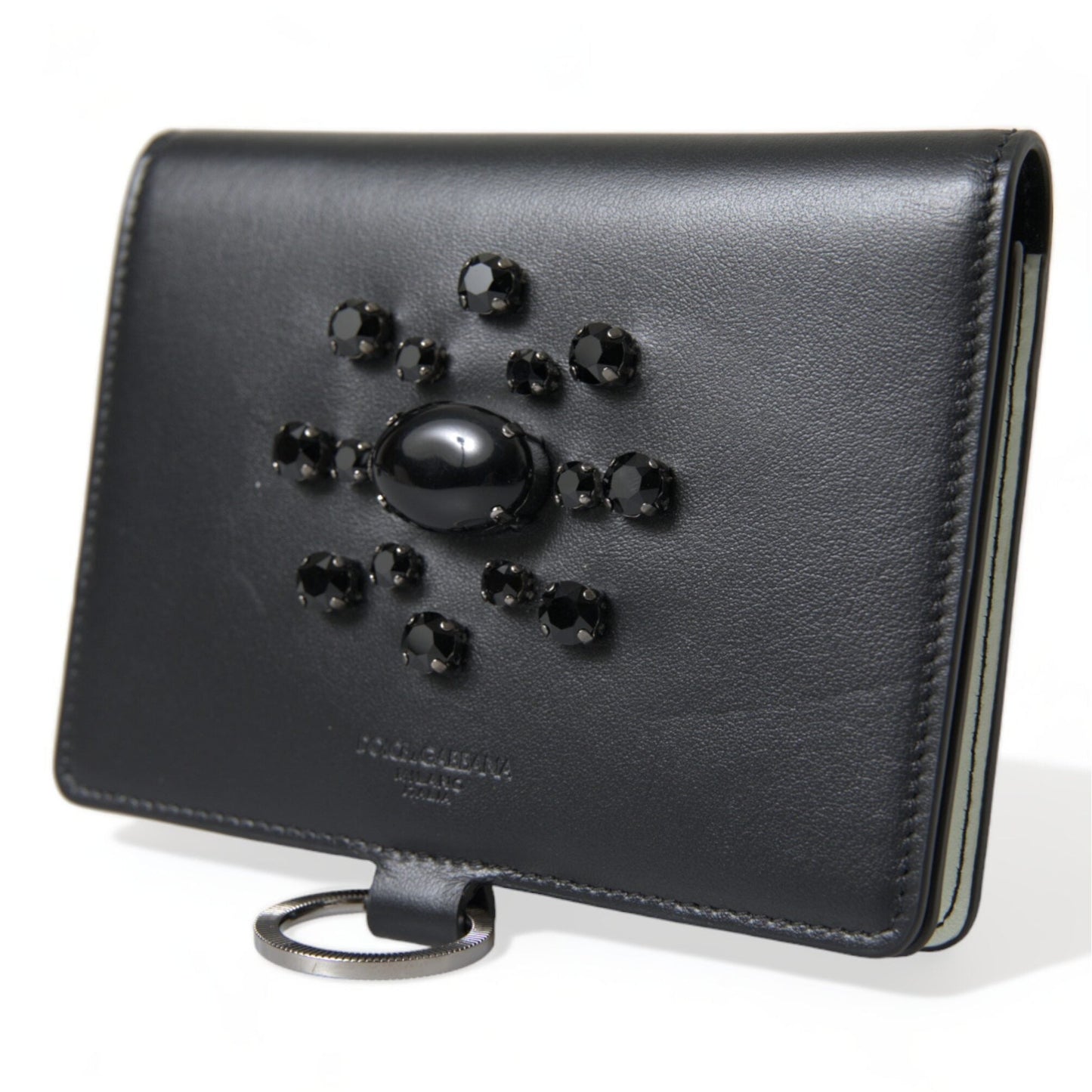 Dolce & Gabbana Black Leather Crystal Embellished Card Holder Wallet Dolce & Gabbana