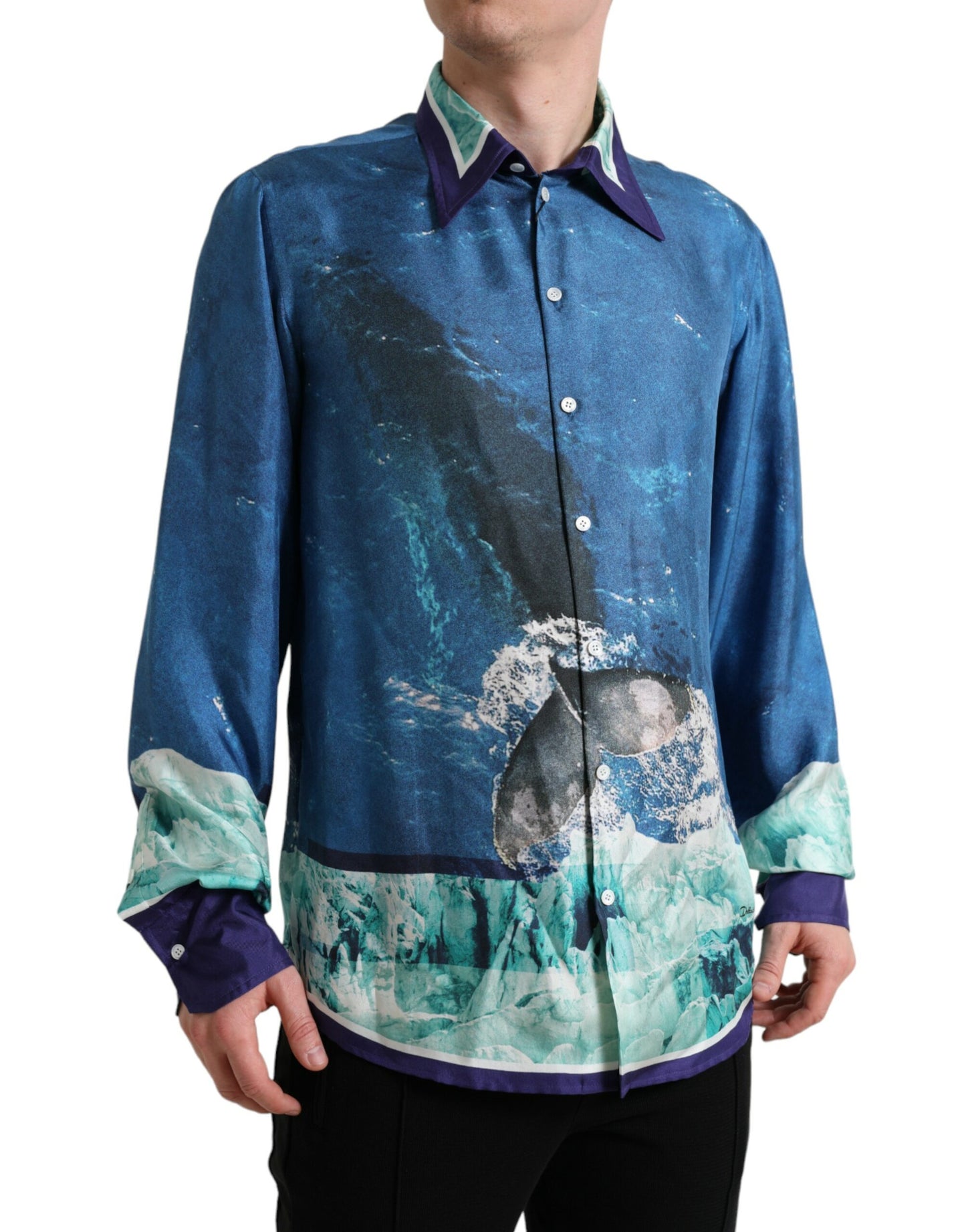 Dolce & Gabbana Blue Ocean Print Silk Collared Button Down Shirt Dolce & Gabbana