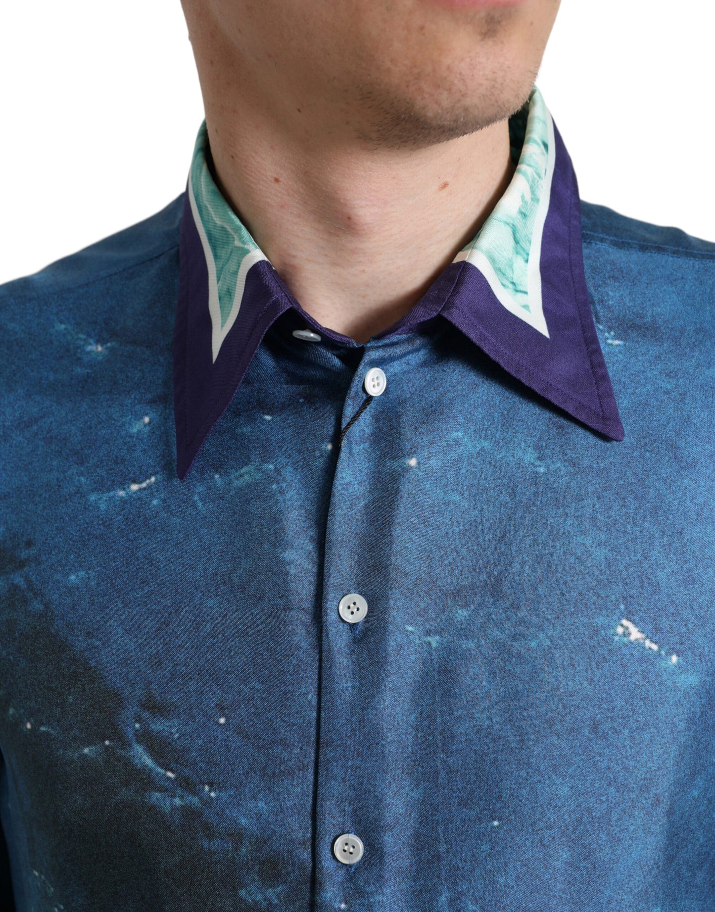 Dolce & Gabbana Blue Ocean Print Silk Collared Button Down Shirt Dolce & Gabbana