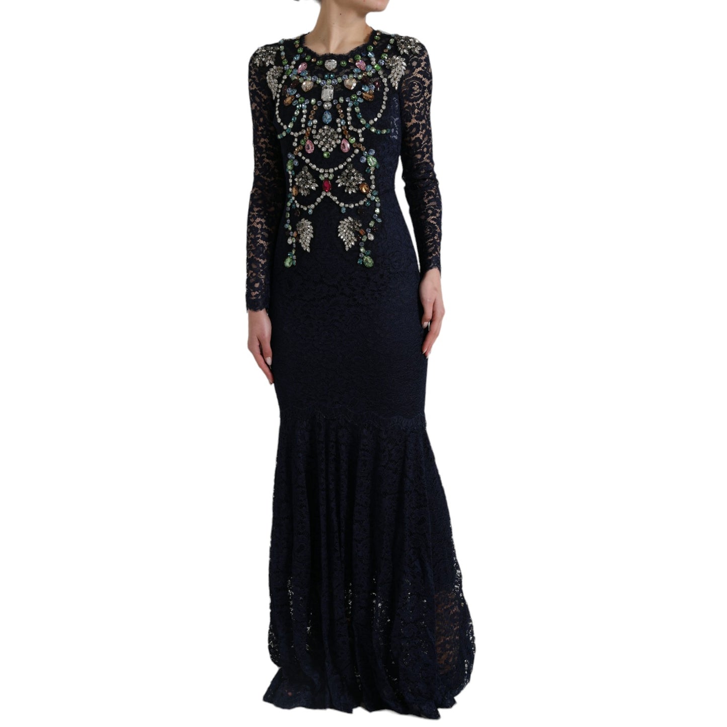 Dolce & Gabbana Blue Crystal Floral Lace Long Gown Dress Dolce & Gabbana