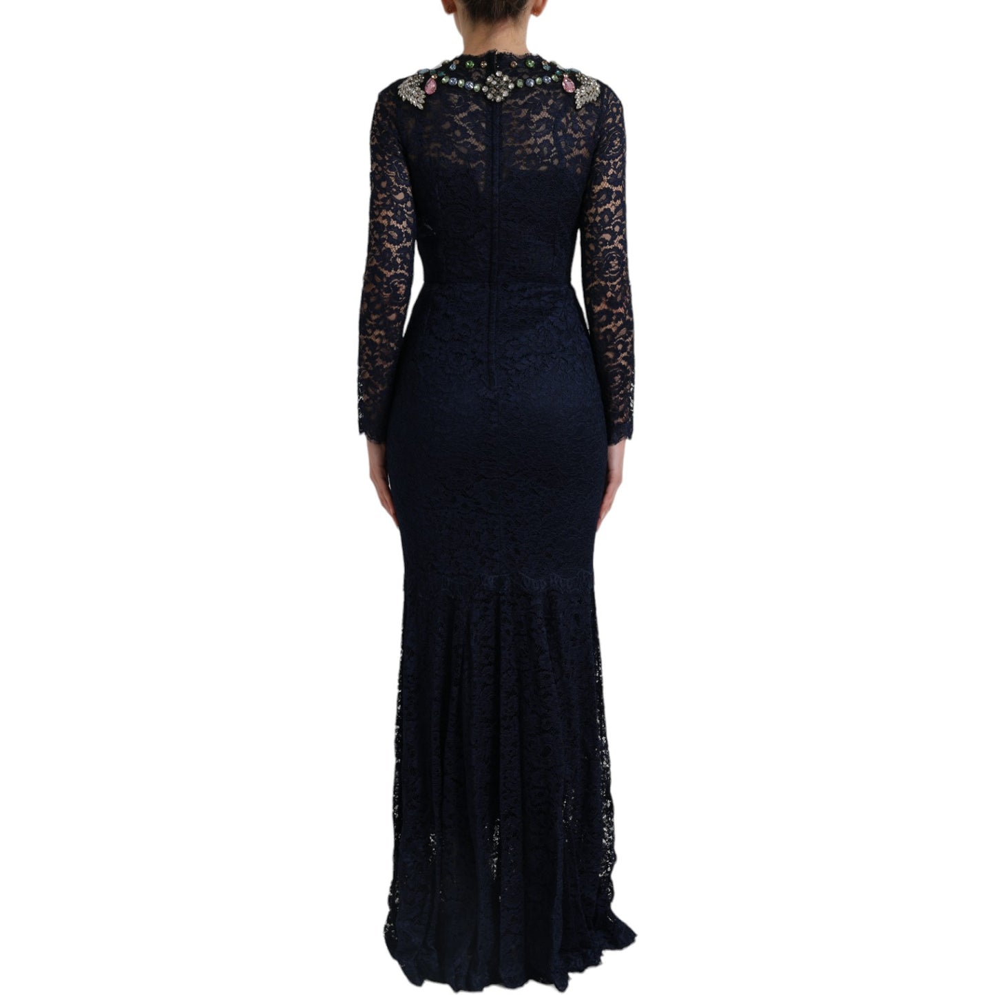 Dolce & Gabbana Blue Crystal Floral Lace Long Gown Dress Dolce & Gabbana