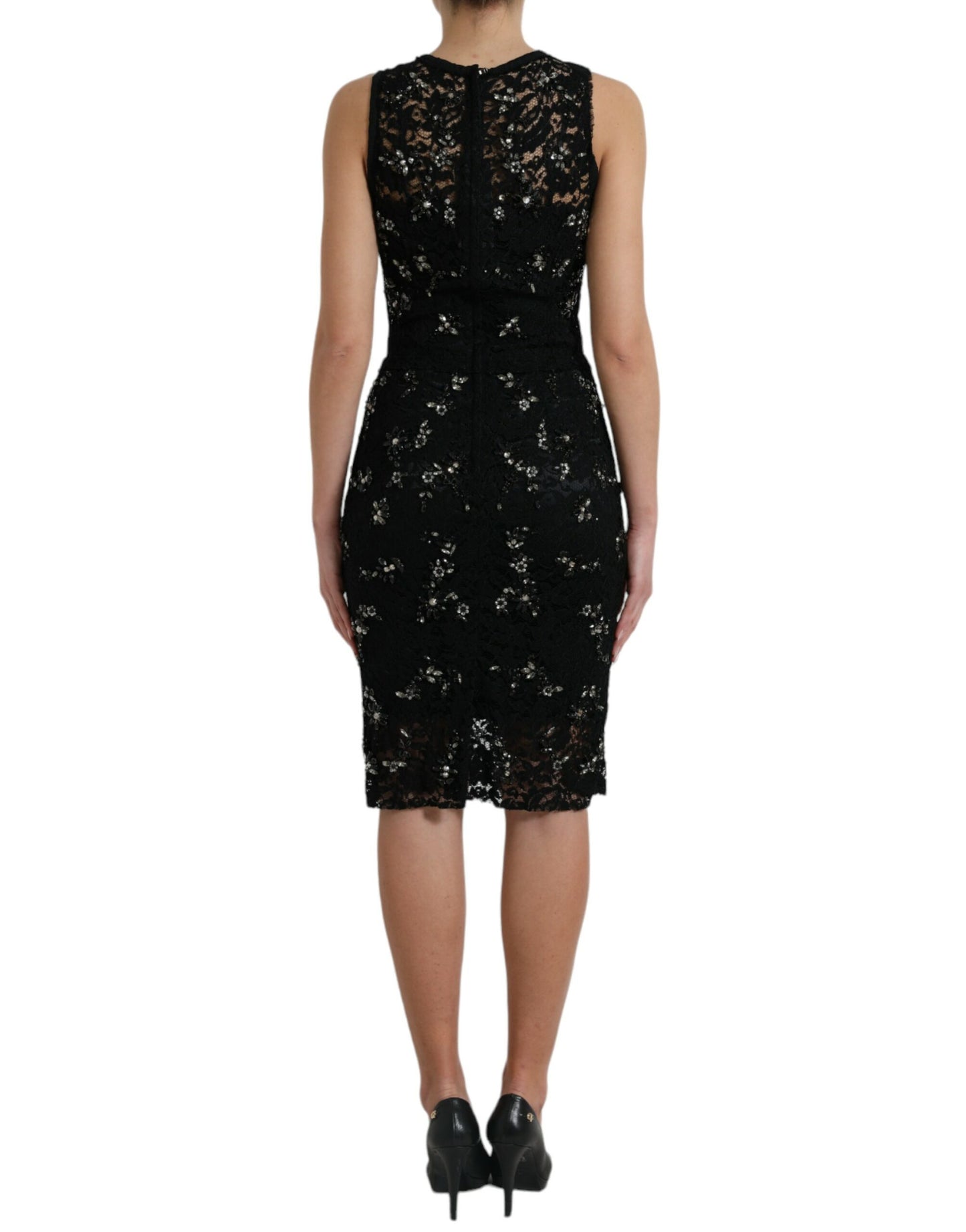 Dolce & Gabbana Black Floral Lace Crystal Sheath Dress Dolce & Gabbana
