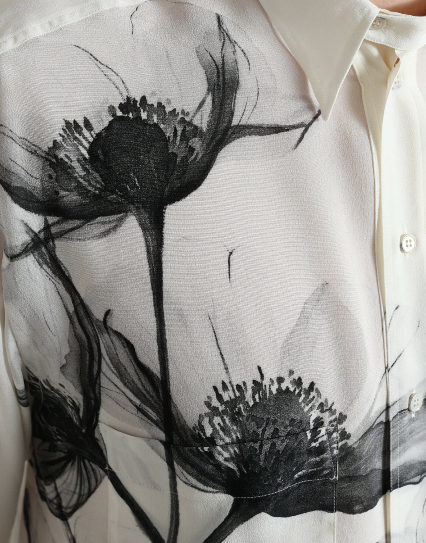 Dolce & Gabbana White Floral Collared Dress Silk Shirt Dolce & Gabbana