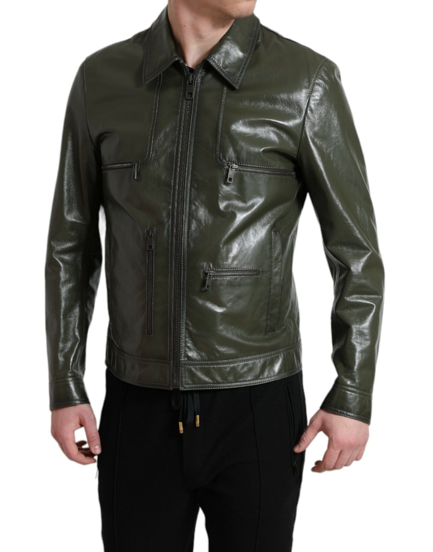 Dolce & Gabbana Green Leather Collared Biker Full Zip Jacket Dolce & Gabbana