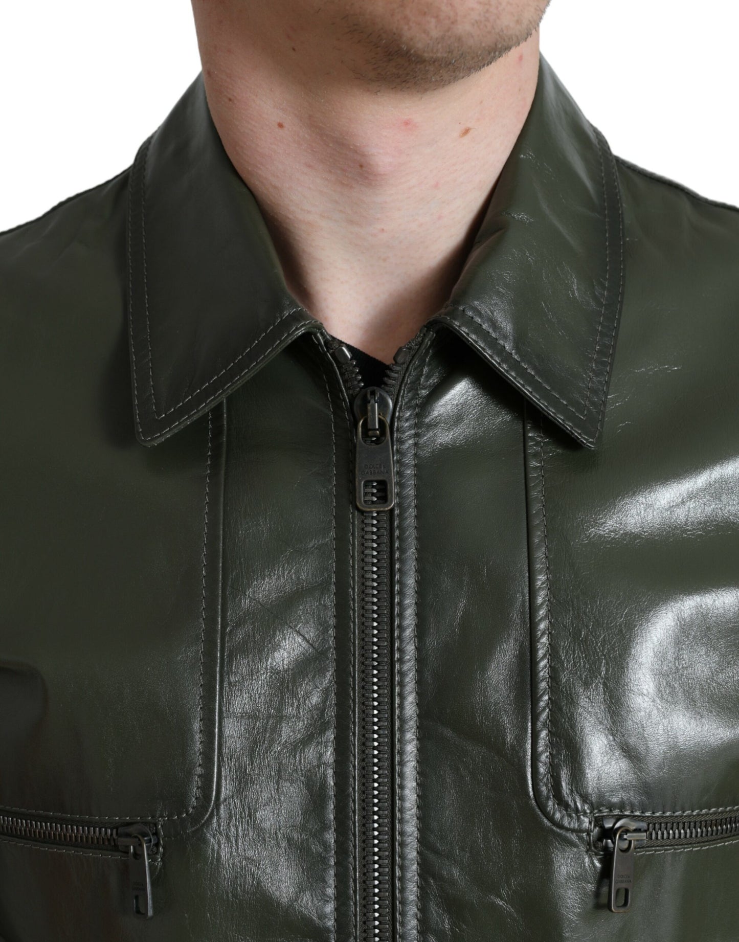 Dolce & Gabbana Green Leather Collared Biker Full Zip Jacket Dolce & Gabbana