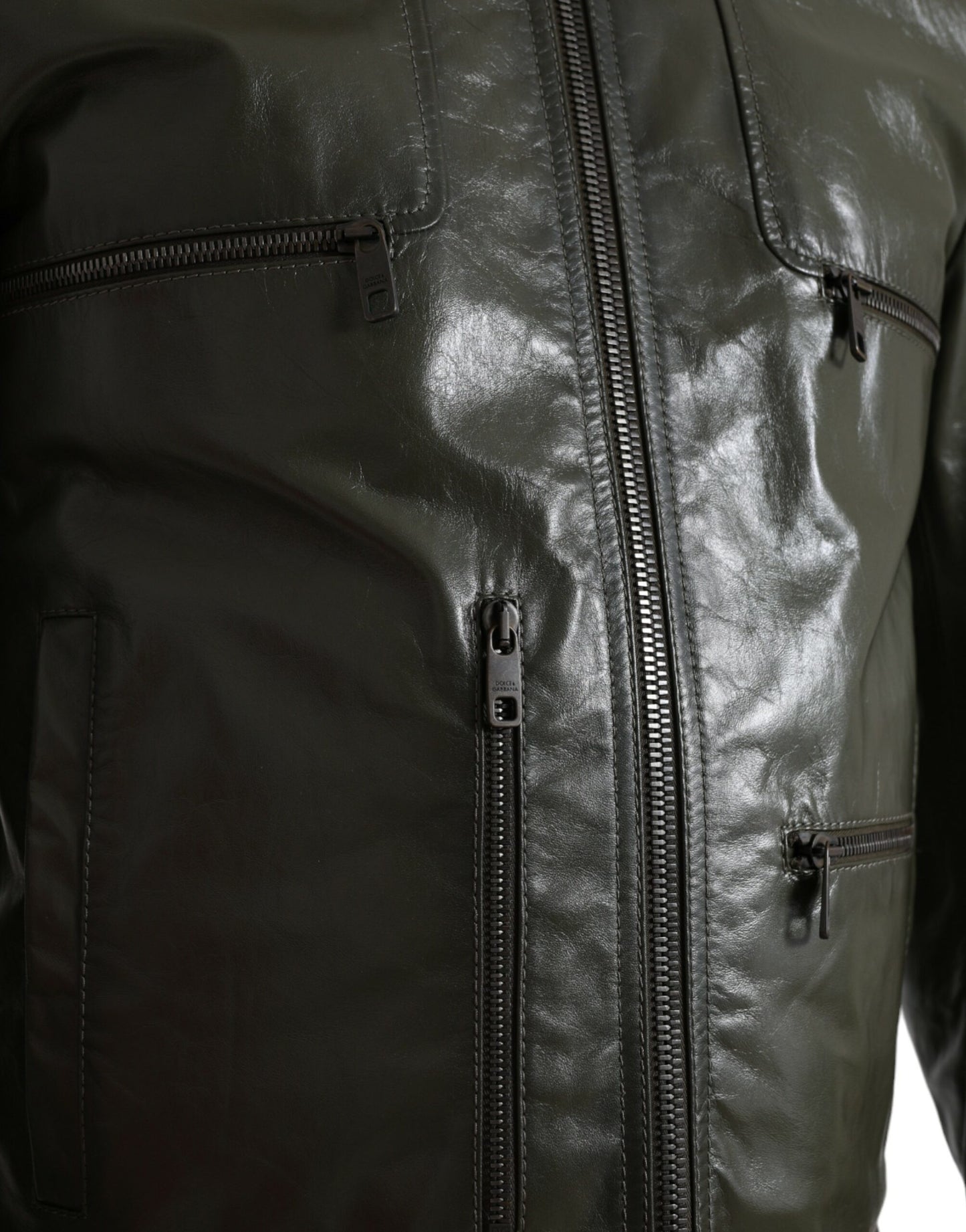 Dolce & Gabbana Green Leather Collared Biker Full Zip Jacket Dolce & Gabbana