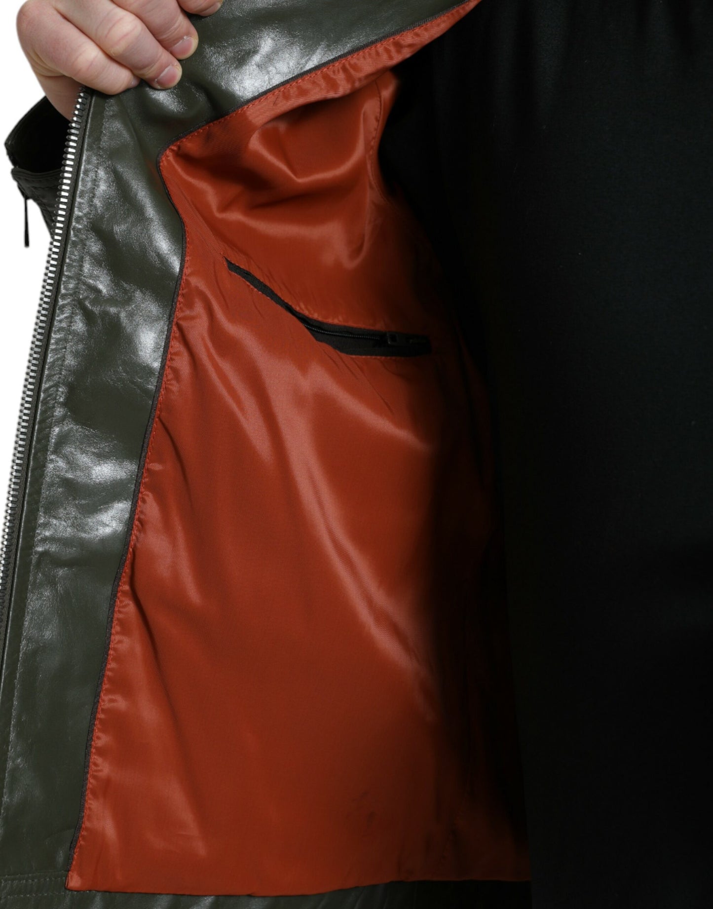 Dolce & Gabbana Green Leather Collared Biker Full Zip Jacket Dolce & Gabbana