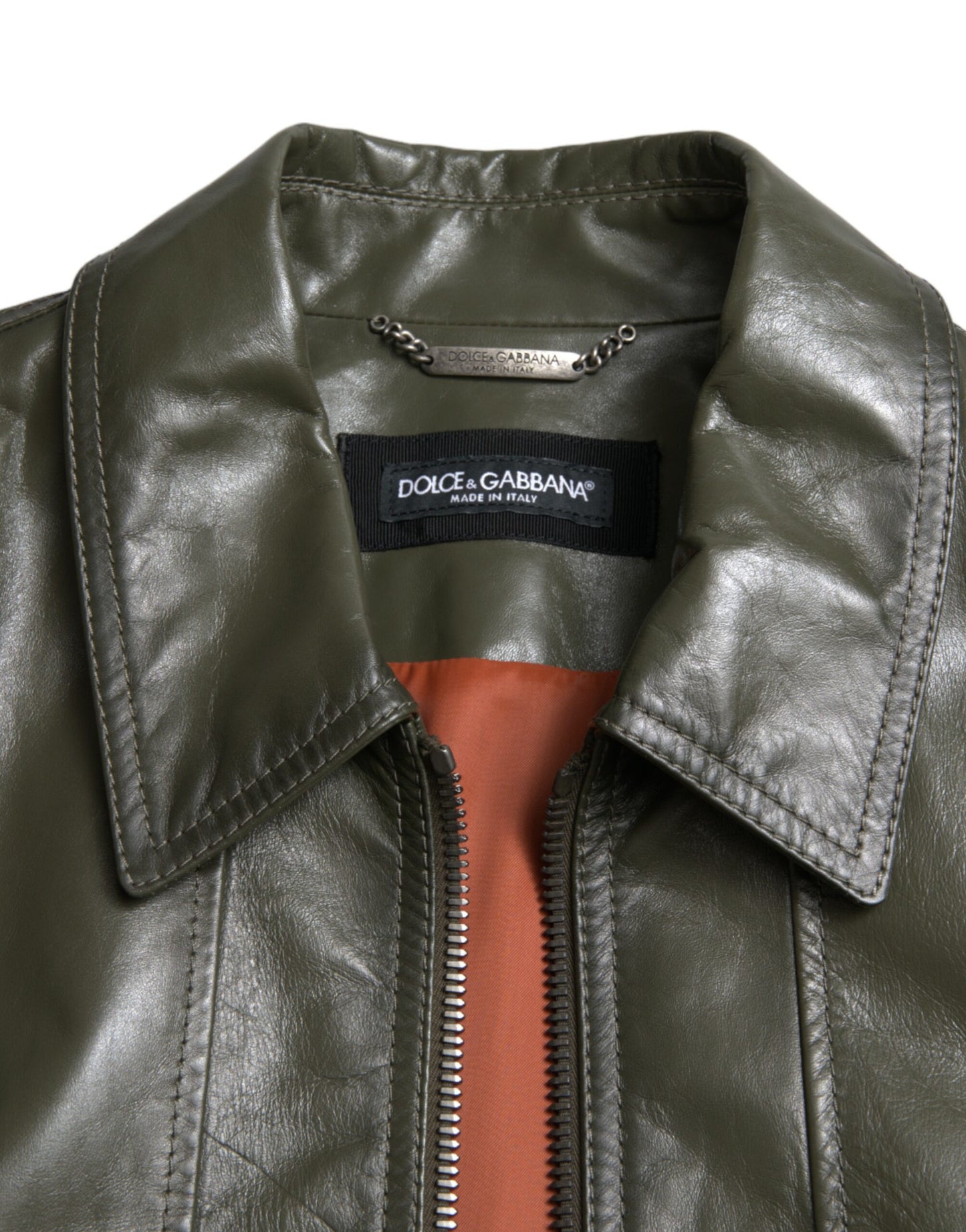 Dolce & Gabbana Green Leather Collared Biker Full Zip Jacket Dolce & Gabbana