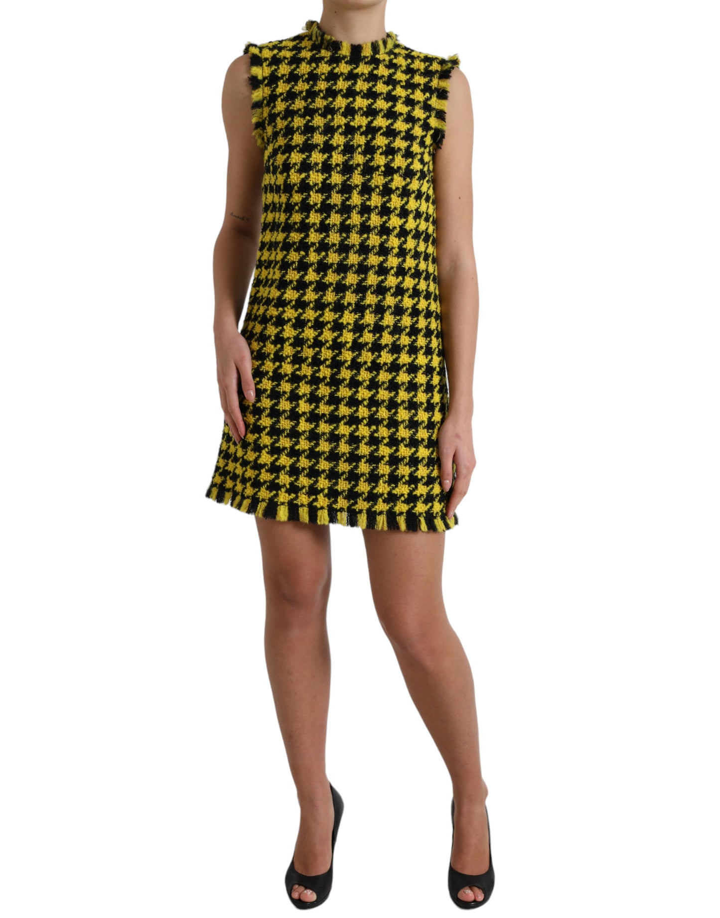 Dolce & Gabbana Yellow Houndstooth Sleeveless Aline Mini Dress Dolce & Gabbana