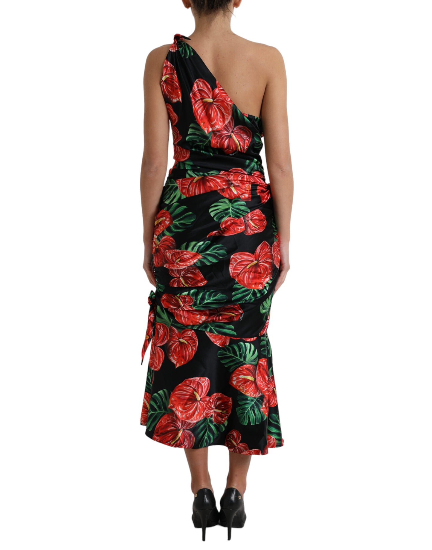 Dolce & Gabbana Black Shiny Silk Floral Print Draped Dress Dolce & Gabbana