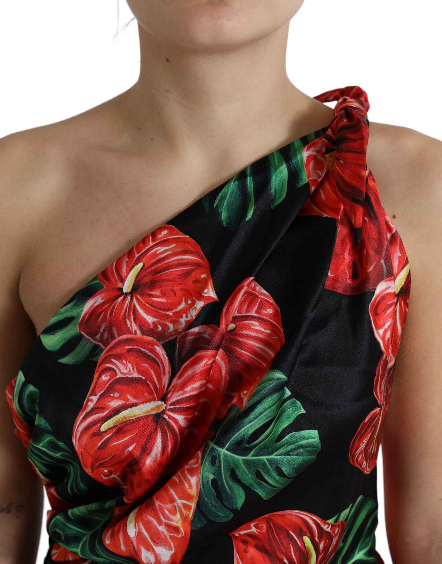 Dolce & Gabbana Black Shiny Silk Floral Print Draped Dress Dolce & Gabbana