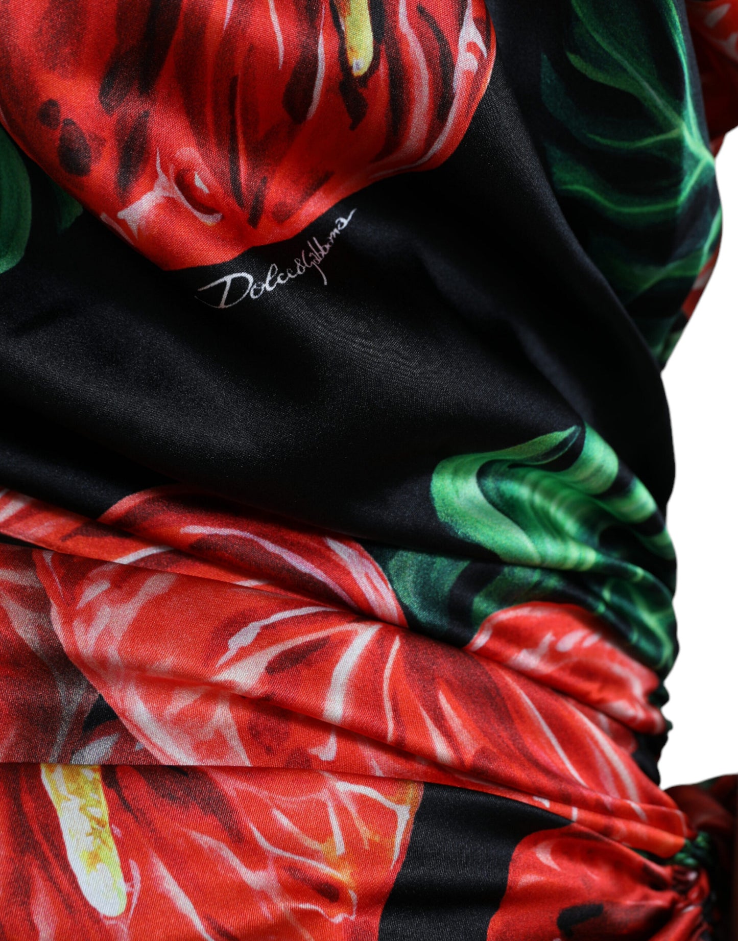 Dolce & Gabbana Black Shiny Silk Floral Print Draped Dress Dolce & Gabbana