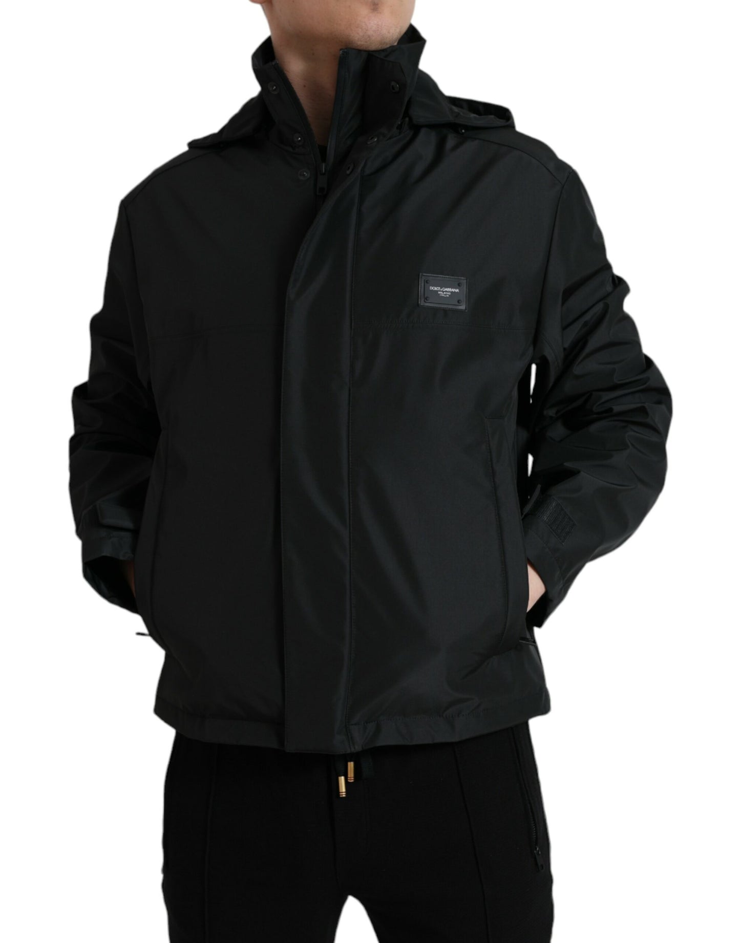 Dolce & Gabbana Black Polyester Logo Plaque Hooded Jacket Dolce & Gabbana