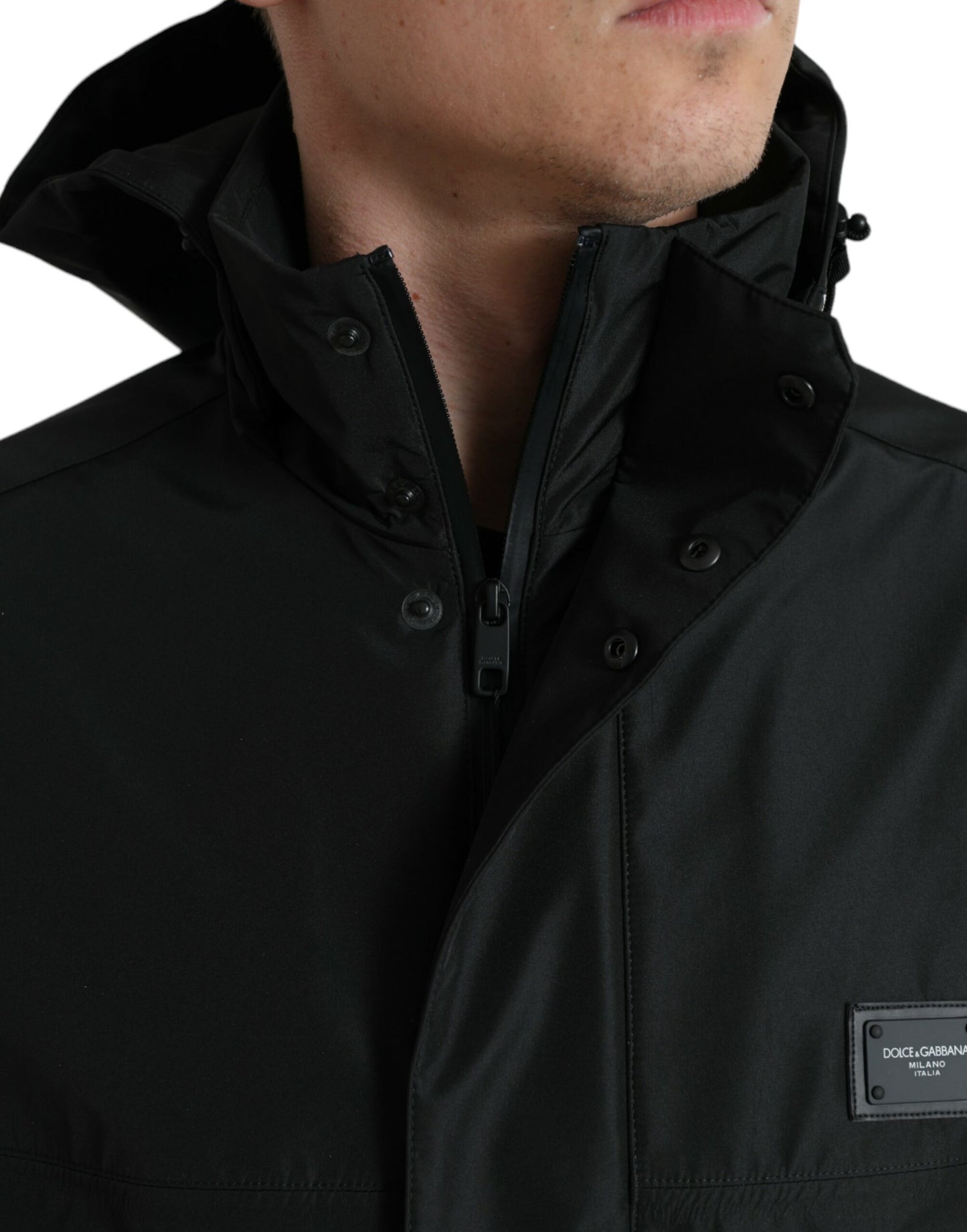Dolce & Gabbana Black Polyester Logo Plaque Hooded Jacket Dolce & Gabbana