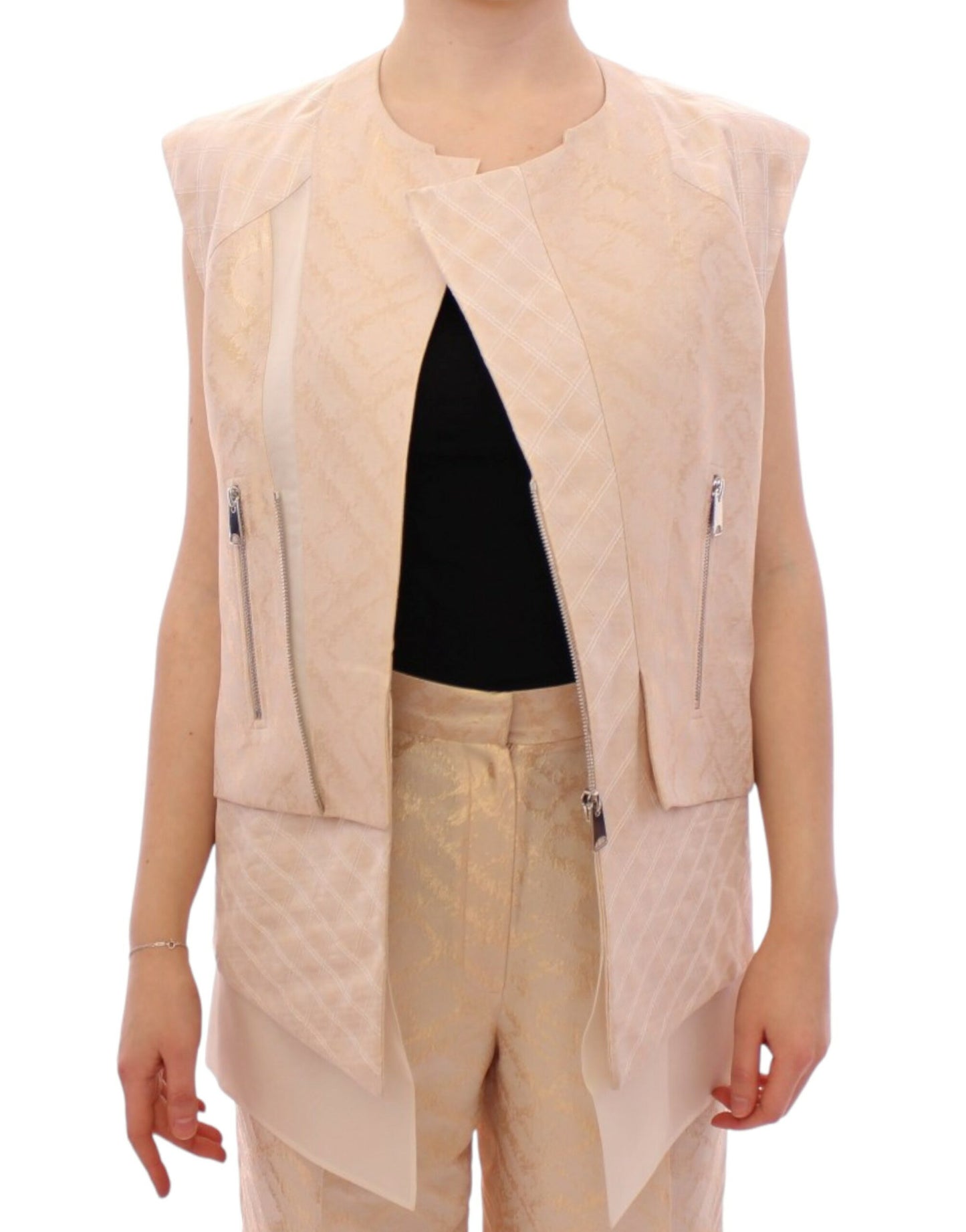 Zeyneptosun Beige brocade sleeveless jacket Zeyneptosun