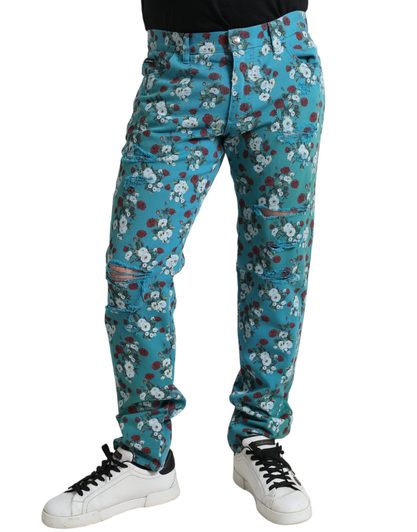 Dolce & Gabbana Blue Floral Print Skinny Cotton Denim Pants Dolce & Gabbana