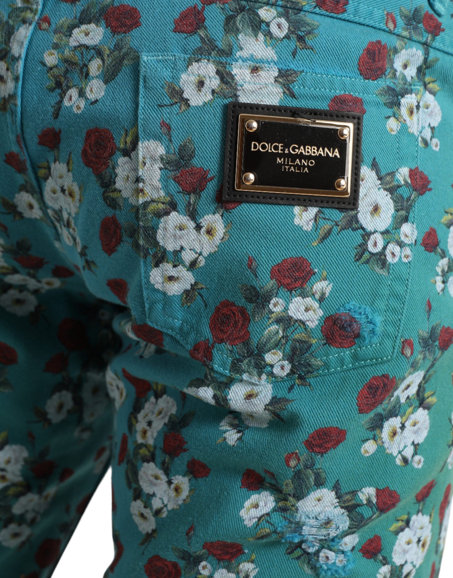 Dolce & Gabbana Blue Floral Print Skinny Cotton Denim Pants Dolce & Gabbana