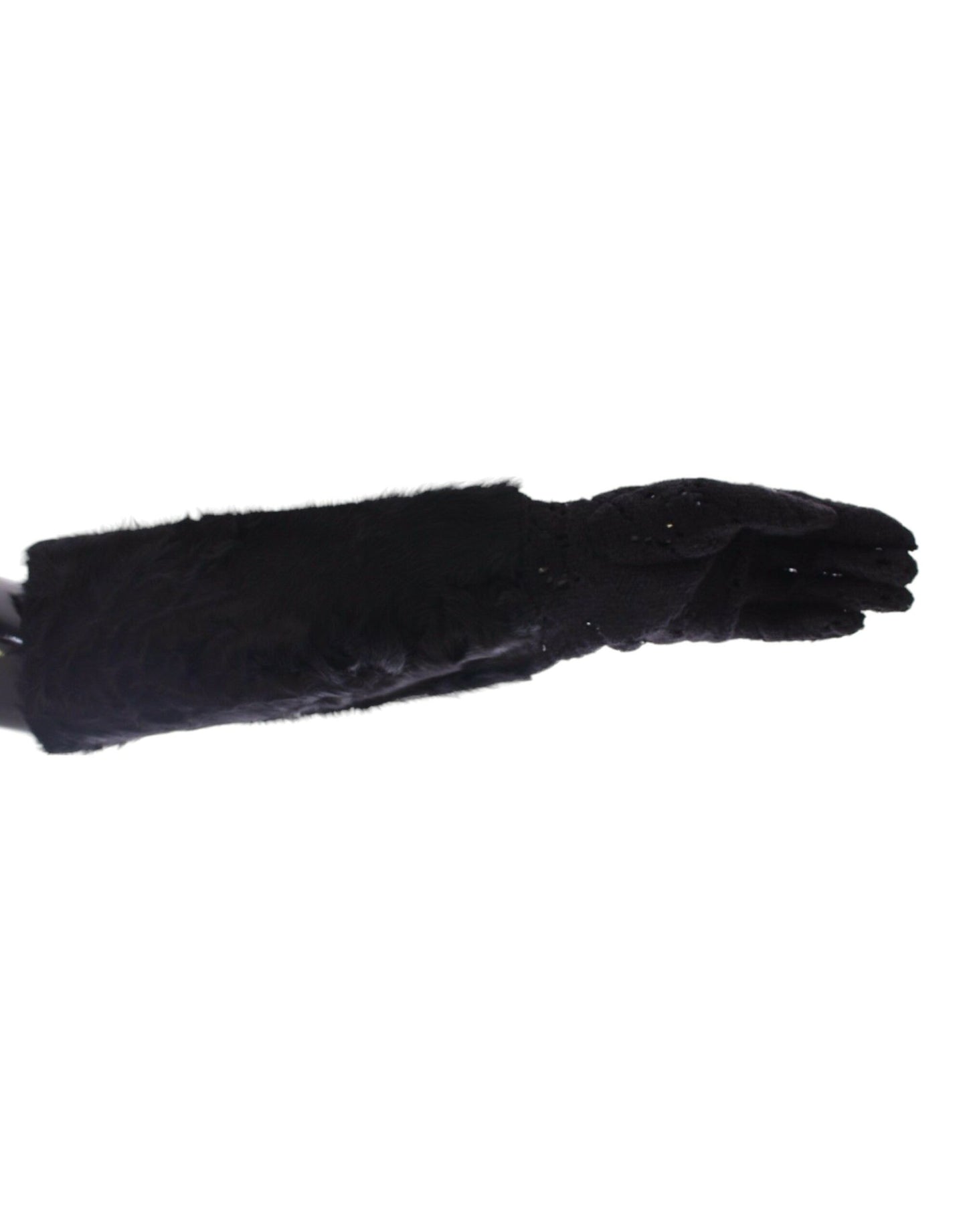 Dolce & Gabbana Black Lace Wool Lambskin Fur Elbow Gloves Dolce & Gabbana