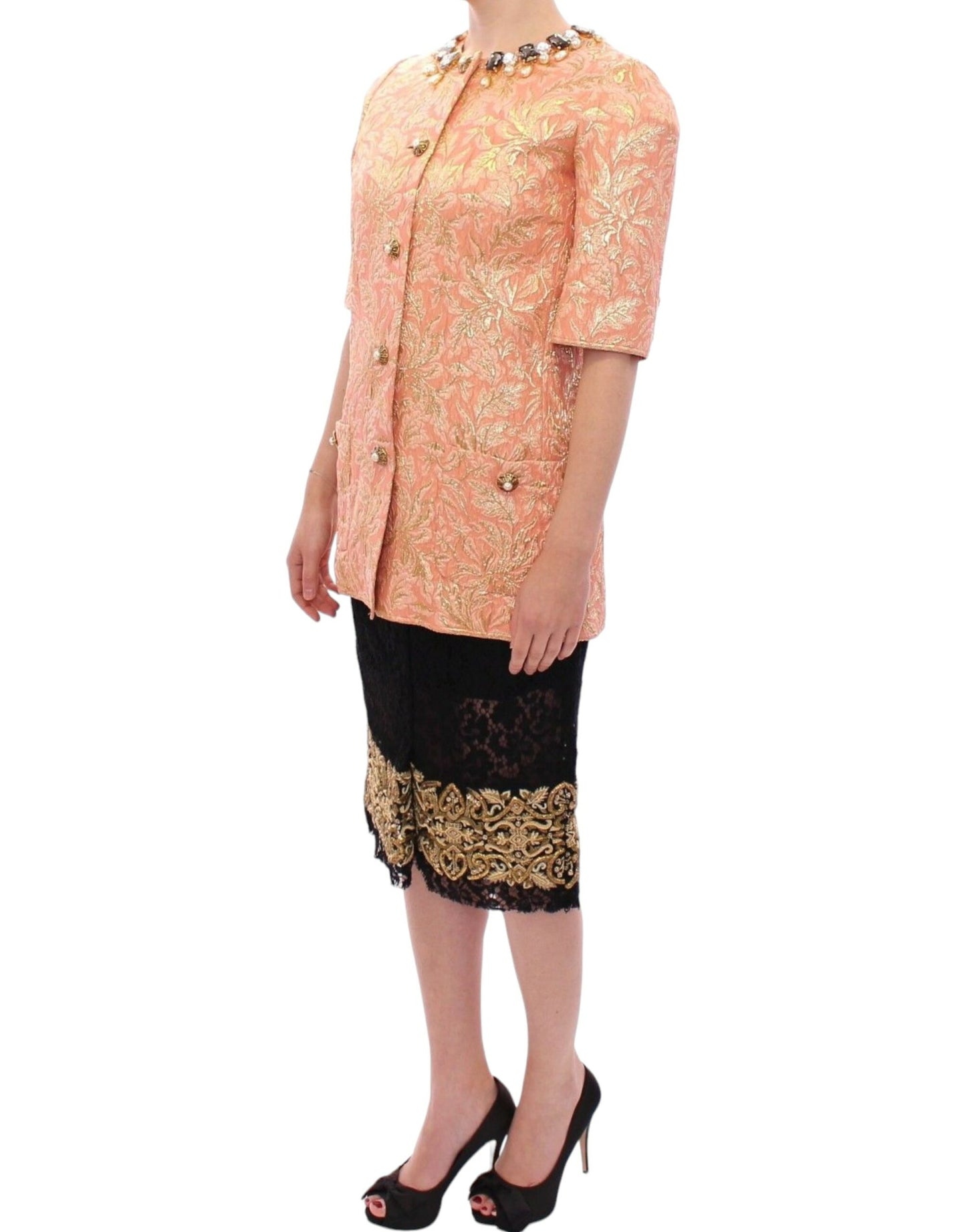 Dolce & Gabbana Pink Silk Brocade Crystal Jacket Coat Dolce & Gabbana