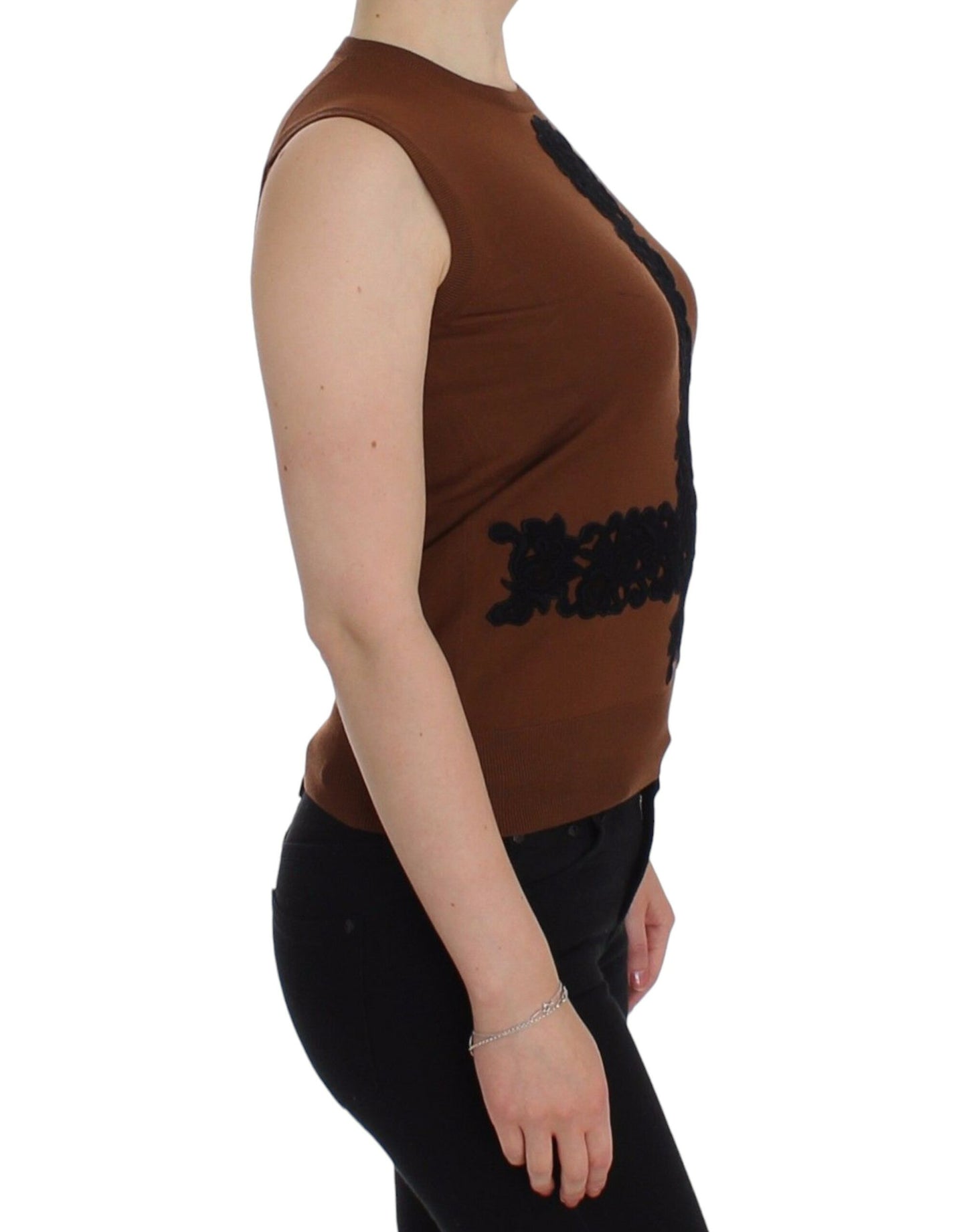 Dolce & Gabbana Brown Wool Black Lace Vest Sweater Top Dolce & Gabbana