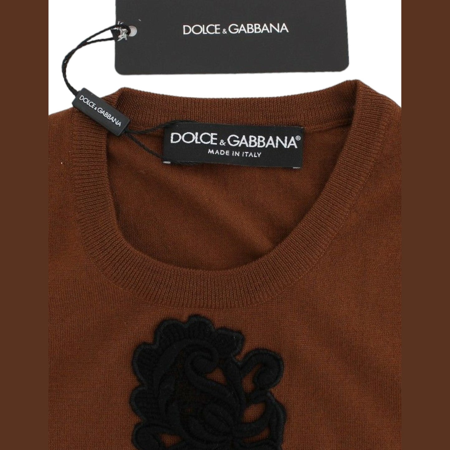 Dolce & Gabbana Brown Wool Black Lace Vest Sweater Top