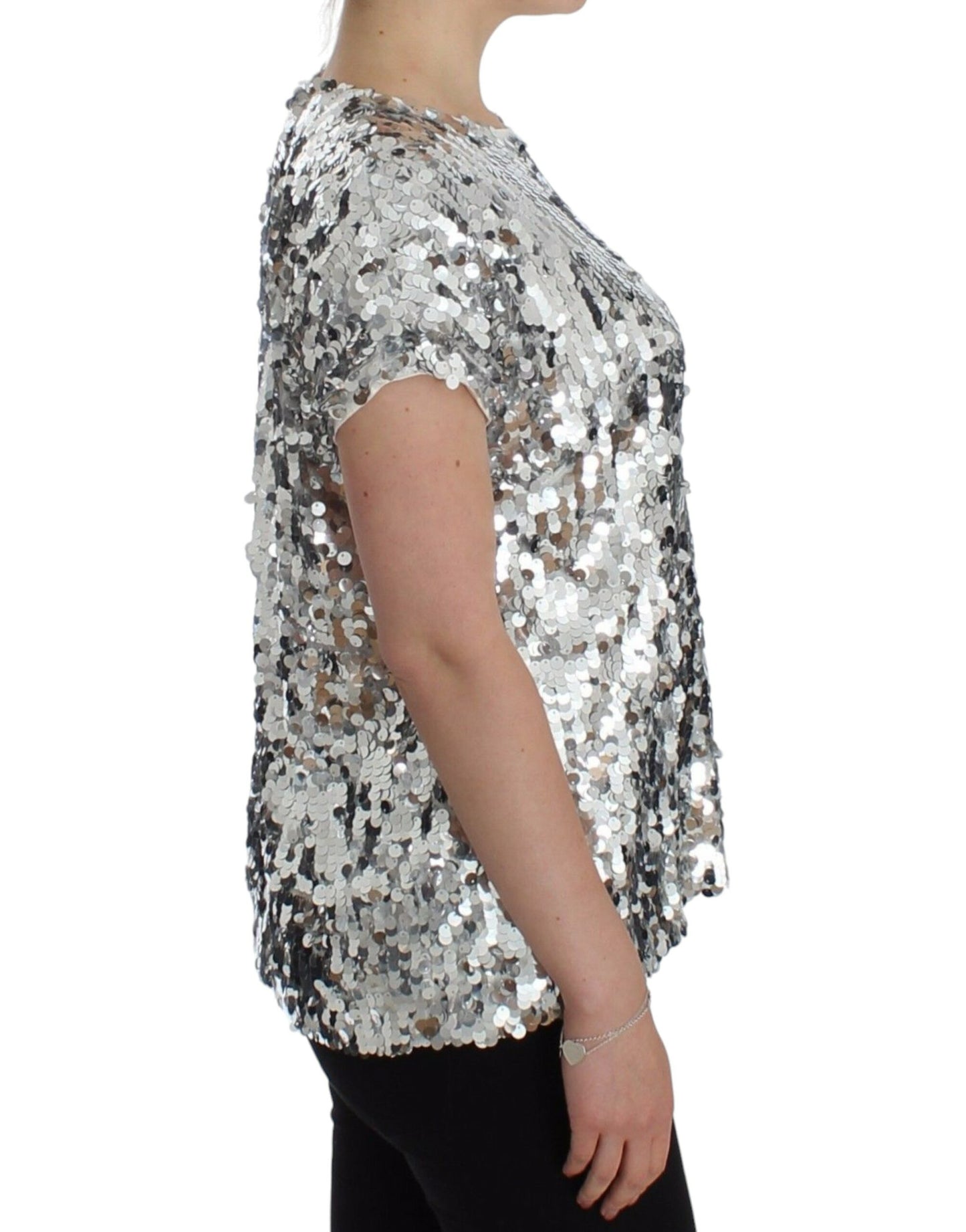 Dolce & Gabbana Silver Sequined Crewneck Blouse T-shirt Top Dolce & Gabbana