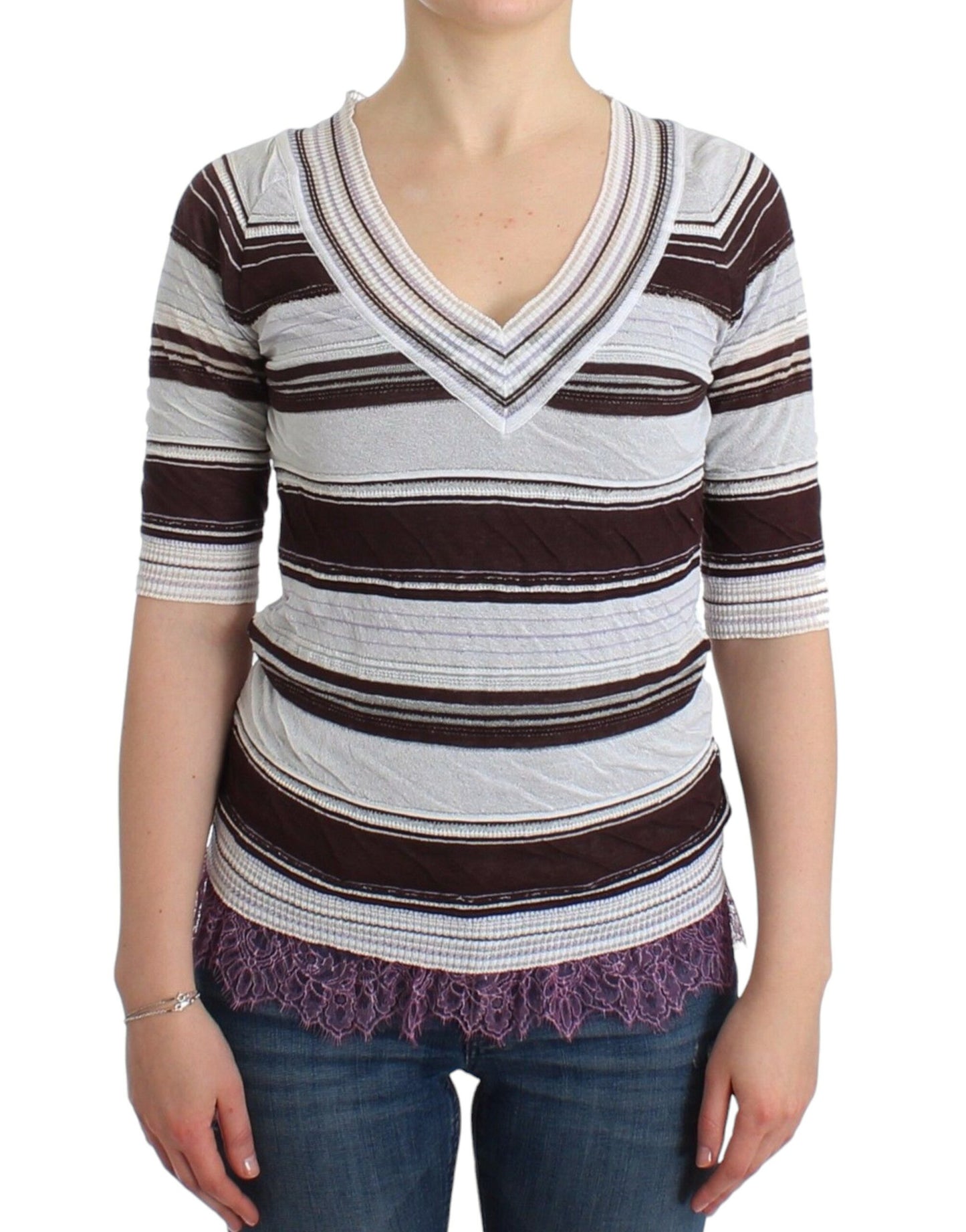 Ermanno Scervino Striped Lace V-Neck Short Sleeve Top Sweater Ermanno Scervino