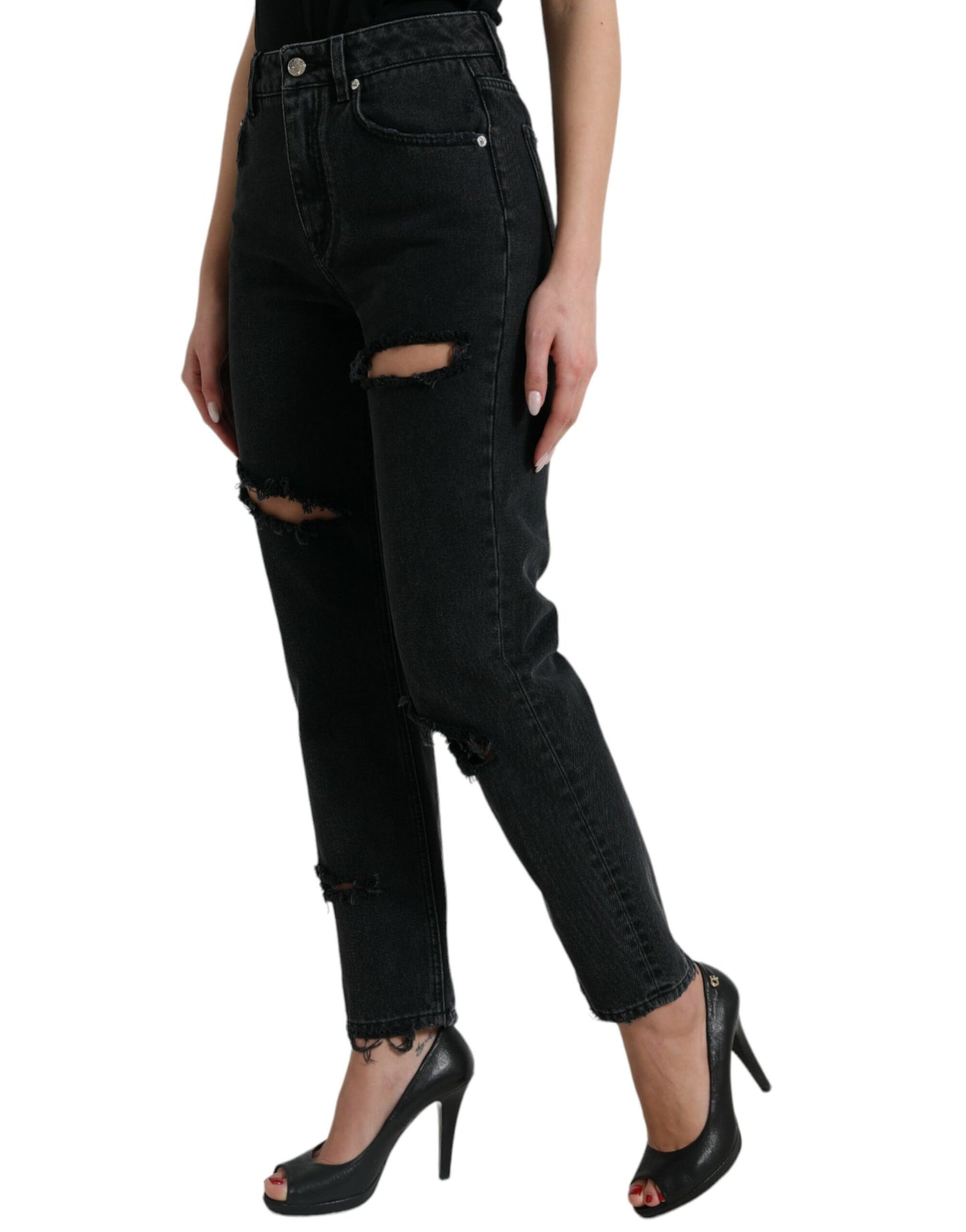 Dolce & Gabbana Black Cotton High Waist Tattered Denim Jeans Dolce & Gabbana