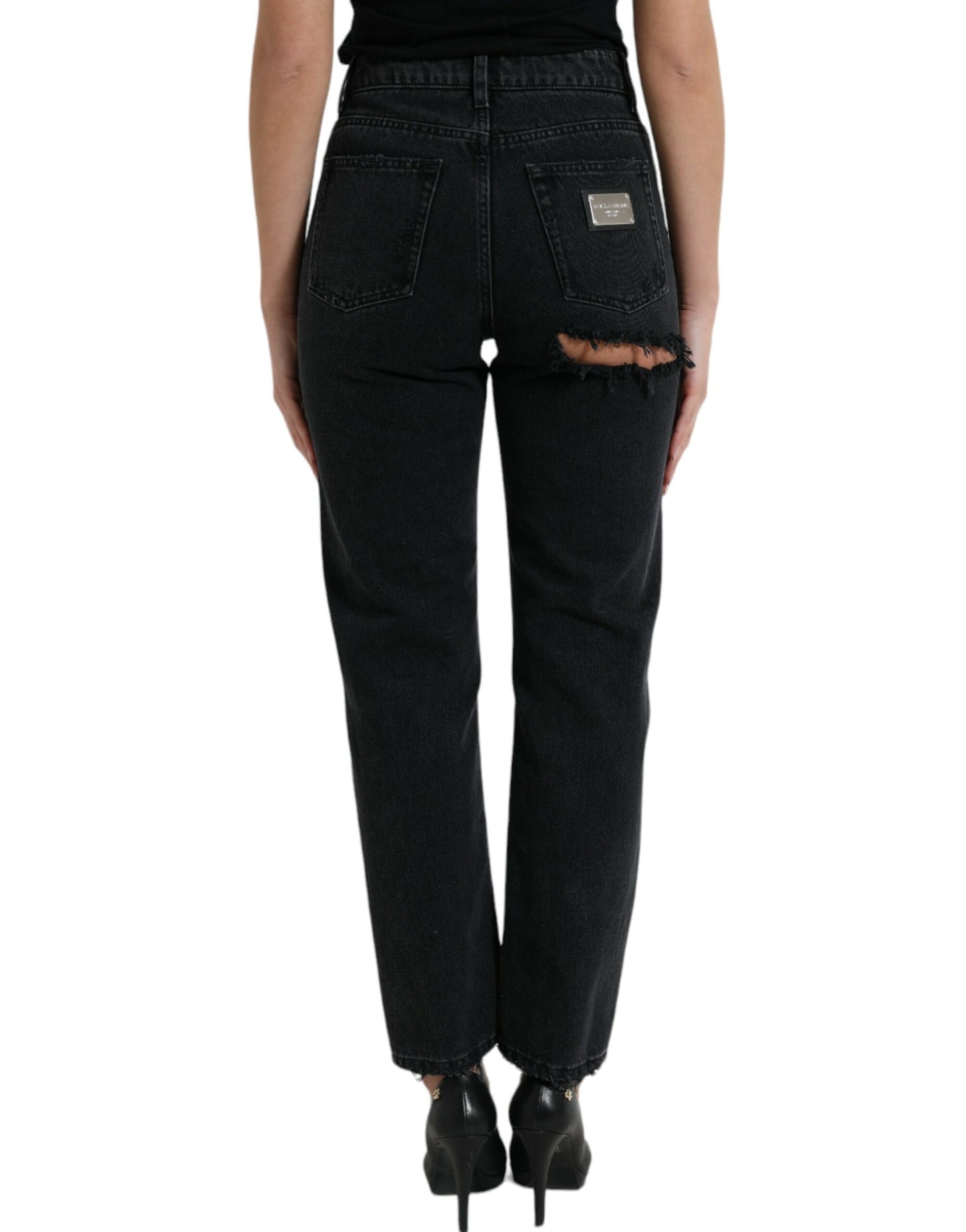 Dolce & Gabbana Black Cotton High Waist Tattered Denim Jeans Dolce & Gabbana