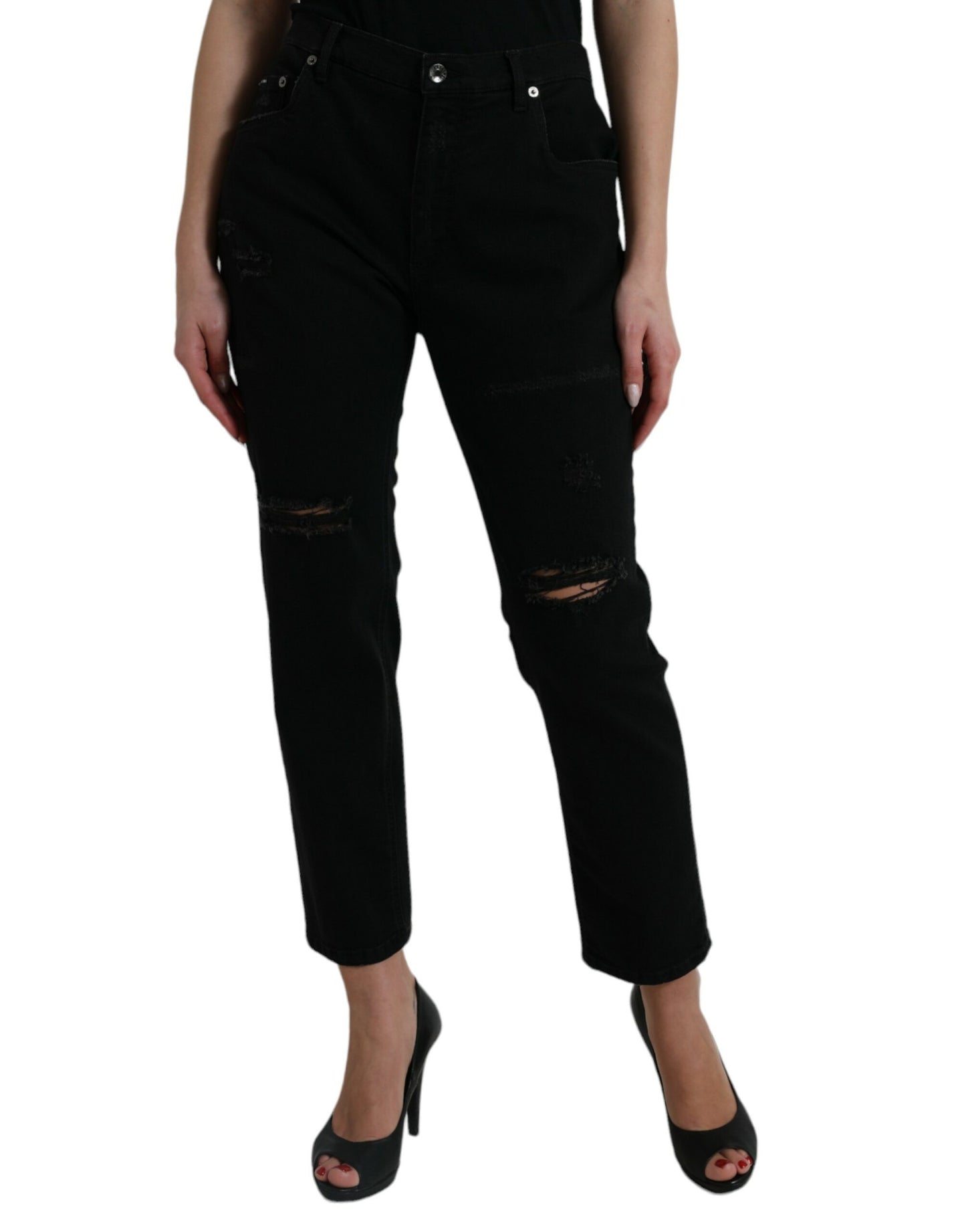 Dolce & Gabbana Black Cotton High Waist Tattered Denim Jeans Dolce & Gabbana