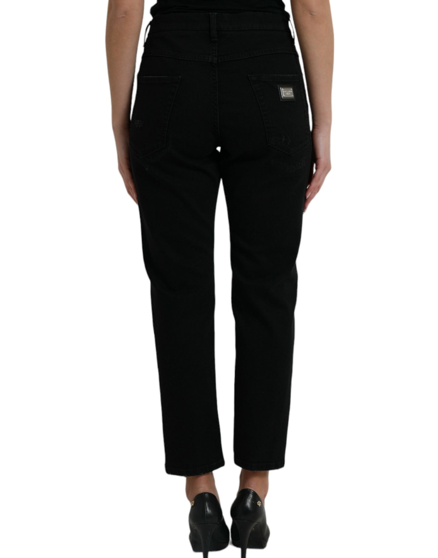Dolce & Gabbana Black Cotton High Waist Tattered Denim Jeans Dolce & Gabbana