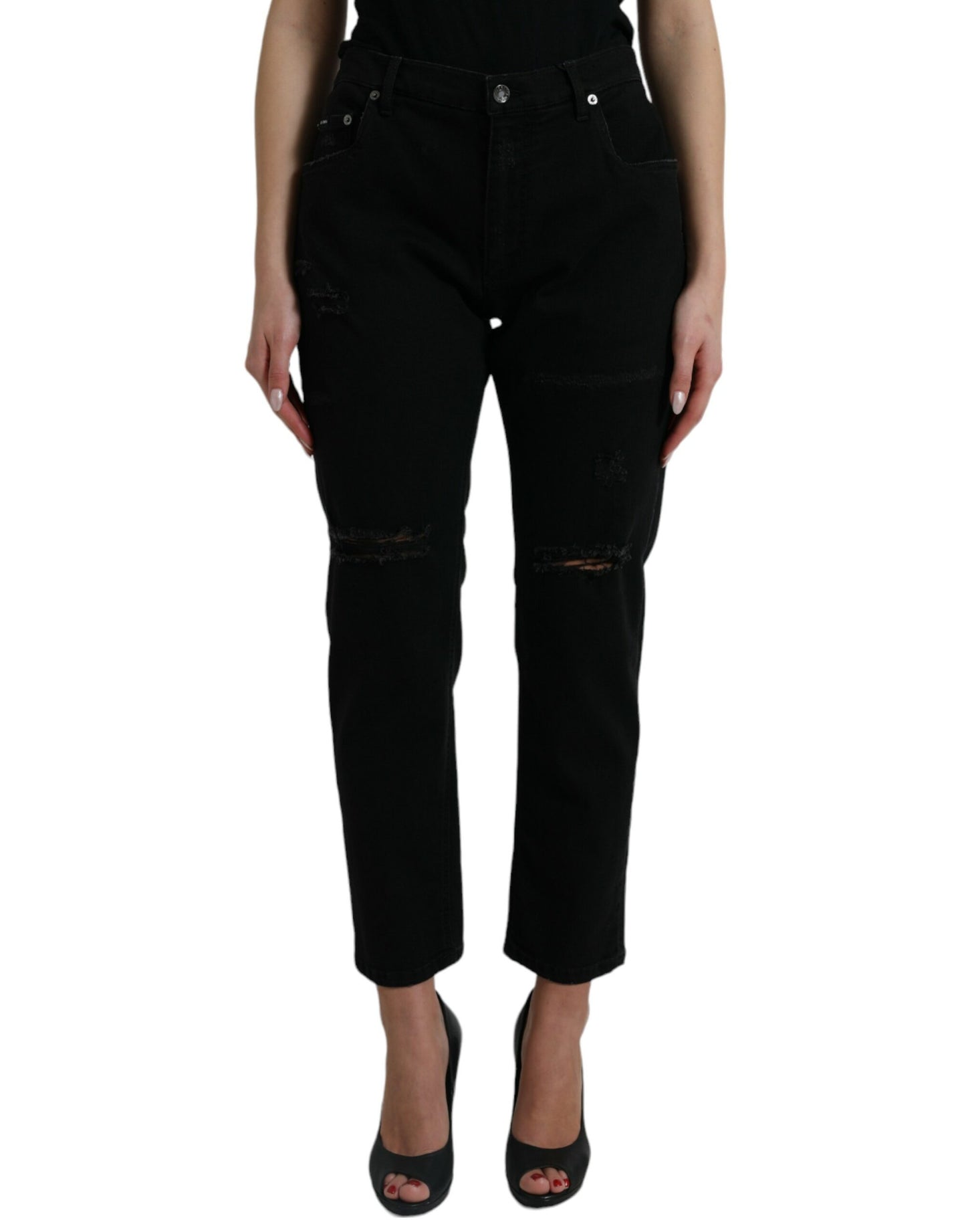 Dolce & Gabbana Black Cotton High Waist Tattered Denim Jeans Dolce & Gabbana