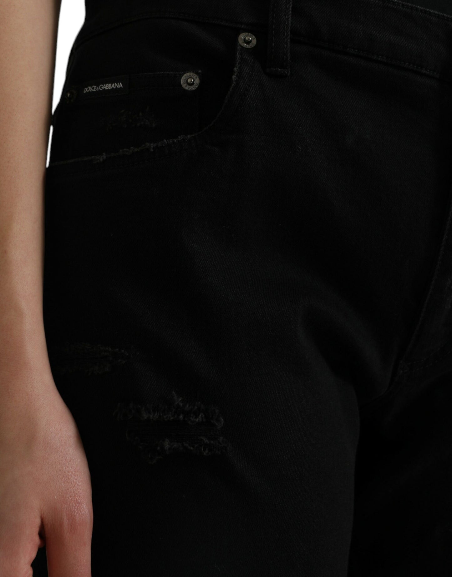 Dolce & Gabbana Black Cotton High Waist Tattered Denim Jeans Dolce & Gabbana