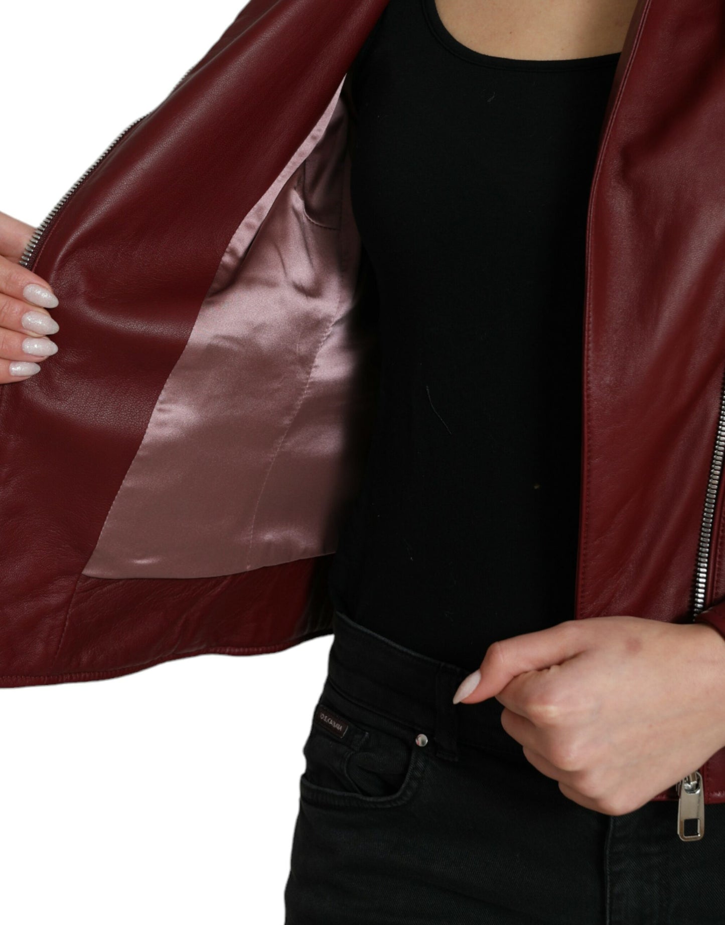 Dolce & Gabbana Bordeaux Leather Biker Coat Lambskin Jacket Dolce & Gabbana