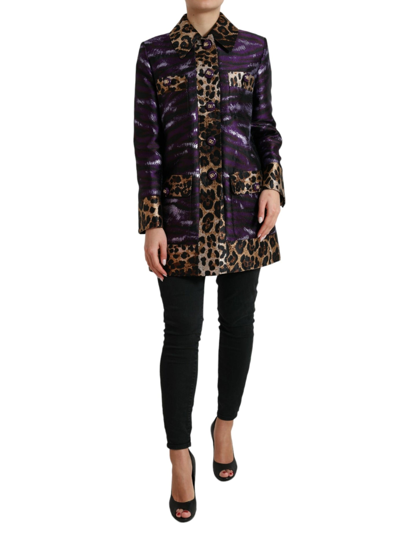 Dolce & Gabbana Purple Lamé Jacquard Tiger Print Coat Jacket Dolce & Gabbana